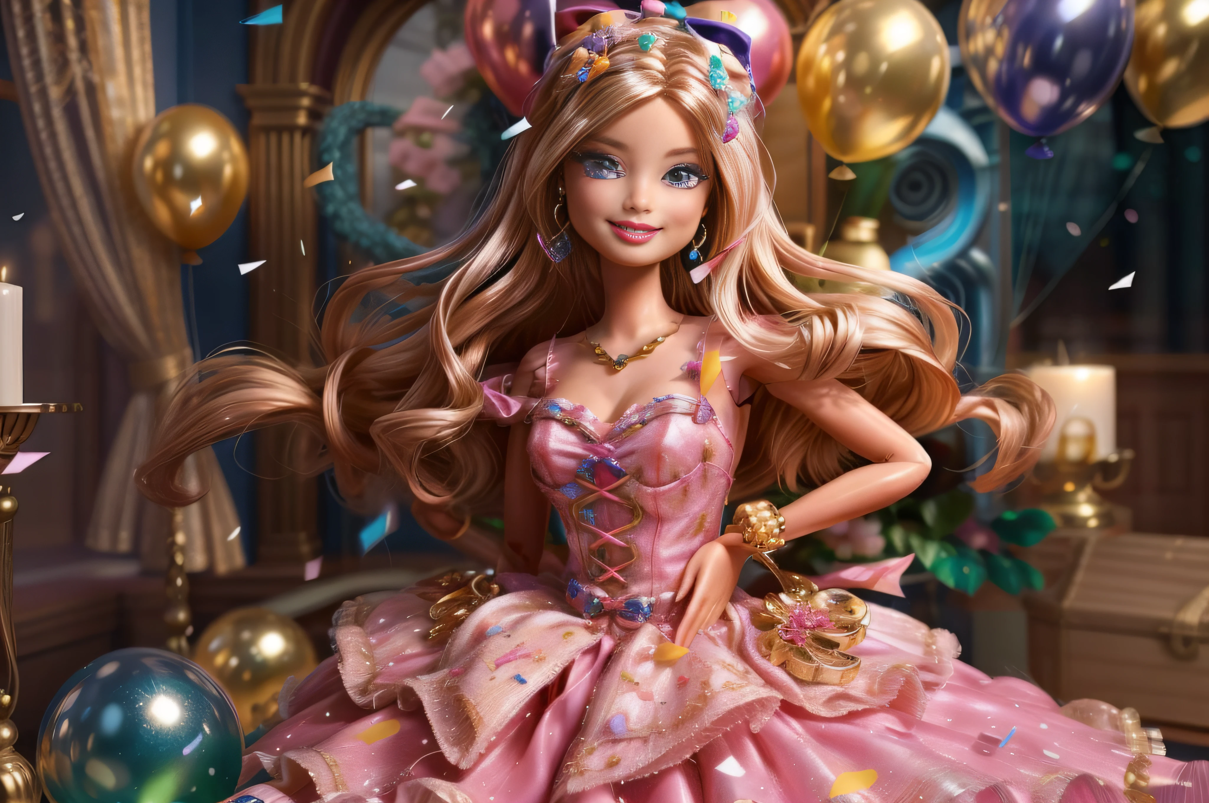 a Barbie doll theme party, with the dolls dancing and celebrating amidst a vibrant and dynamic environment, 3D with high-definition details, bringing the party to life with colorful decorations, balloons, and confetti. The soft and ambient lighting adds a warm and inviting atmosphere to the artwork, capturing the energy and excitement of the celebration. The digital painting in Manga style infuses the scene with fantasy and charm, making it an enchanting and delightful sight, highly detailed, HD quality, (best quality), ((masterpiece)), vibrant colors, (extremely detailed CG 8k),barbie,