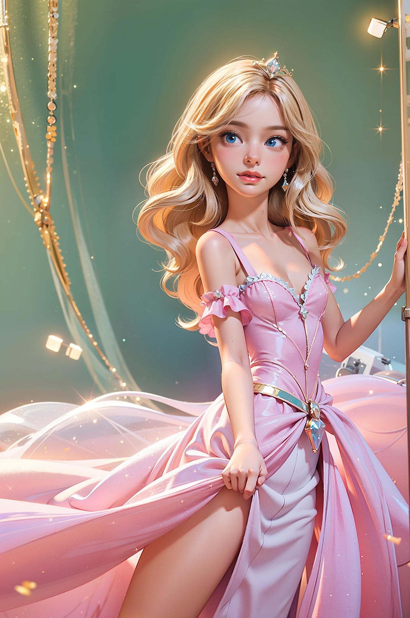 Very beautiful Disney princess, delicate skin, big blue eyes, delicate makeup, Barbie girl, 3D, glossy, golden curls, diamond hair hoop, pink glitter gauze skirt, noble and elegant, clear facial details, soft tone, glitter, Dazzle edge light, contour light, animation illustration, Disney style, Pixar style, oc render