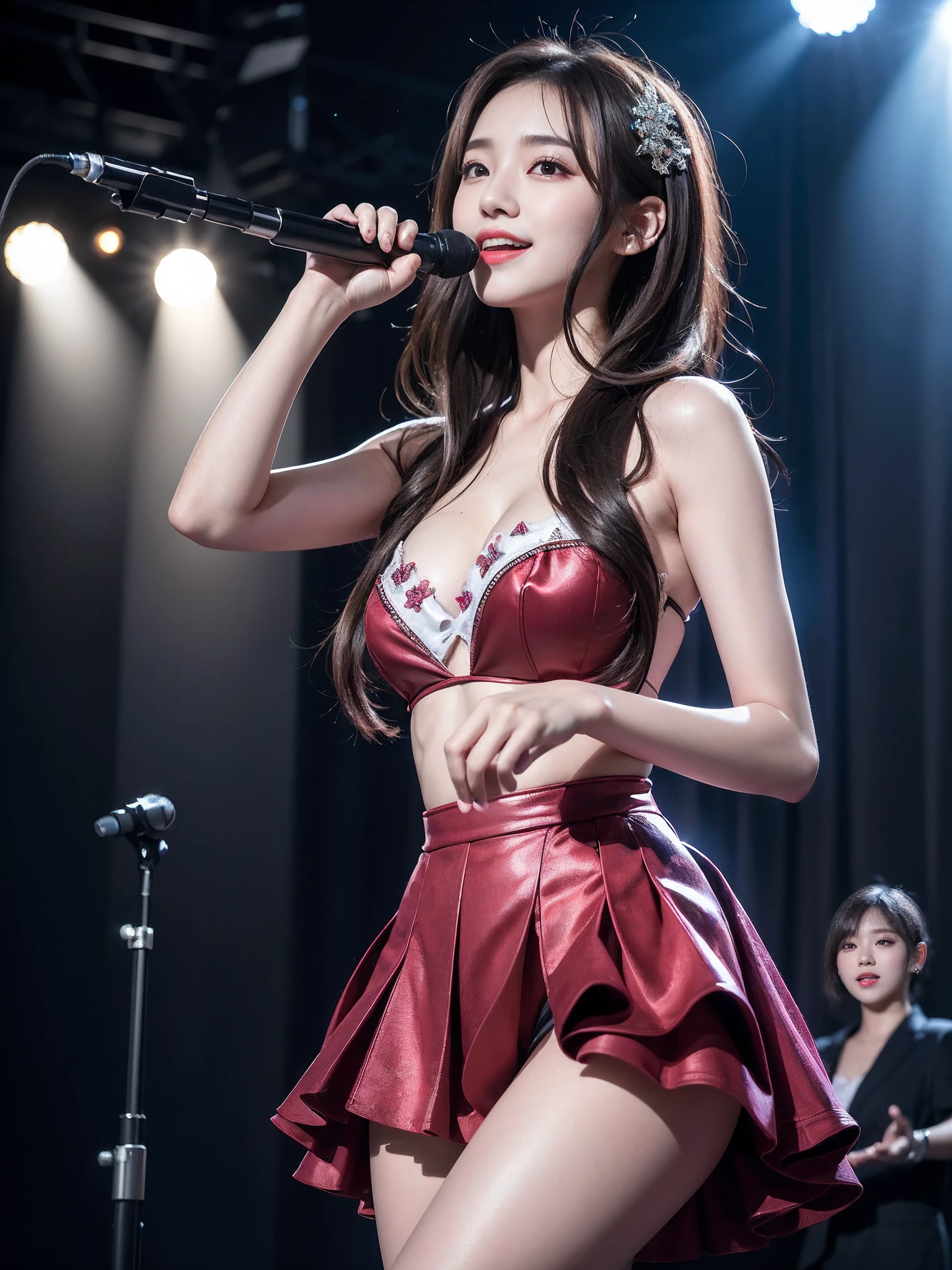 Realistic, Photorealistic, Masterpiece, Best Quality, One Girl, Solo, In the Stage, Stage Lighting, Stage Spotlight, Look At Audience, Smile, idol_singing_costume, (pureerosface_v1:0.8),Korean Idol,Nogizaka Idol,Actress,Gravure Idol