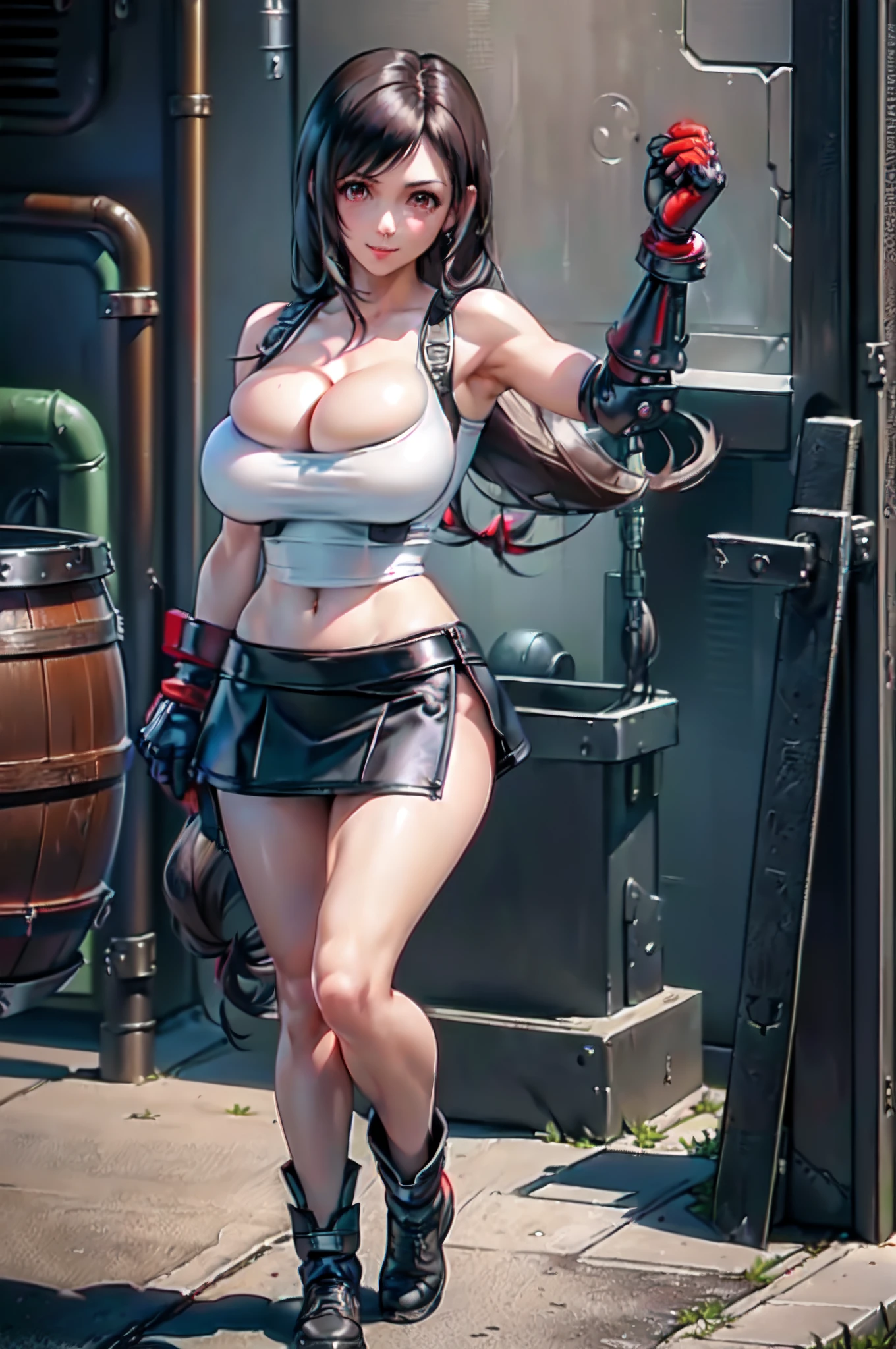 (8k, best quality, masterpiece:1.2), (realistic, photo-realistic:1.37), ultra-detailed, 1 girl,cute, solo, (tifa lockhart), ((huge breasts:1.6),(beautiful detailed eyes), (smile:1.4), winking (closed mouth), erotic pose, outside an industrial factory, depth of field, dark intense shadows, sharp focus, depth of field, good composition, Final Fantasy VII, (white tank top:1.3), (black leather mini skirt:1.3) (red gloves and boots) (full body:1.5), head rest, lips, pretty face, ((red eyes:1.3)), (night:1.2), intricate, bokeh, (Tetsuya Nomura style), nsfw, perfect breasts, view from behind