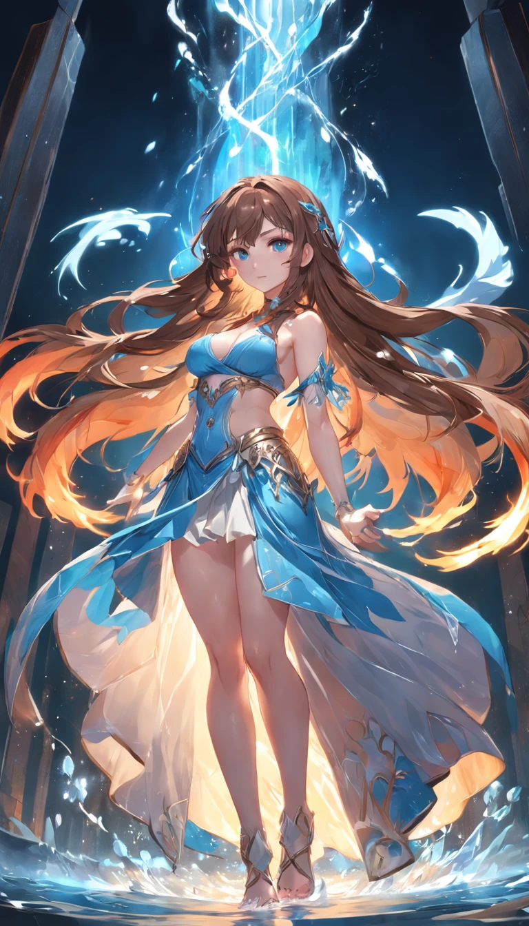 Dynamic angle, ((Full body posing:1.5), (colorful:1.2), (extremely detailed CG unity 16k wallpaper:1.1), (Denoising strength: 1.45), (tmasterpiece:1.37), ((official art)), 1girl, solo, staff, midriff, fire, magic, long hair, brown hair, navel, breasts, blue eyes, cleavage, long skirt, glamor, beautiful detailed glow, detailed ice, beautiful detailed water, (magic circle:1.2), (floating palaces:1.3), fantasy, magic, high_heels, ((masterpiece)), ((best quality))