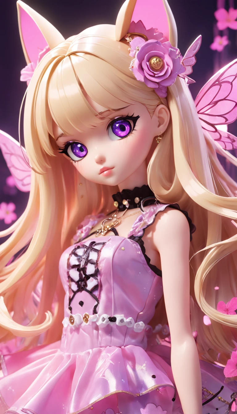 (barbie,solo,cowboy shot,Pop art,K-pop fashion,Ball jointed Doll,:1.35),cyberpunkcore,bloomcore flowers Princess Crown,playscale,tech genius teenage girl in Fairy Kei style,a girl in a hat with ears,holding a black cat,an anime drawing,fantasy art,purple eyes and Pink dress,golden hair,blonde anime girl with long hair,anime barbie in white,discord profile picture,Fairy Kei fashion,