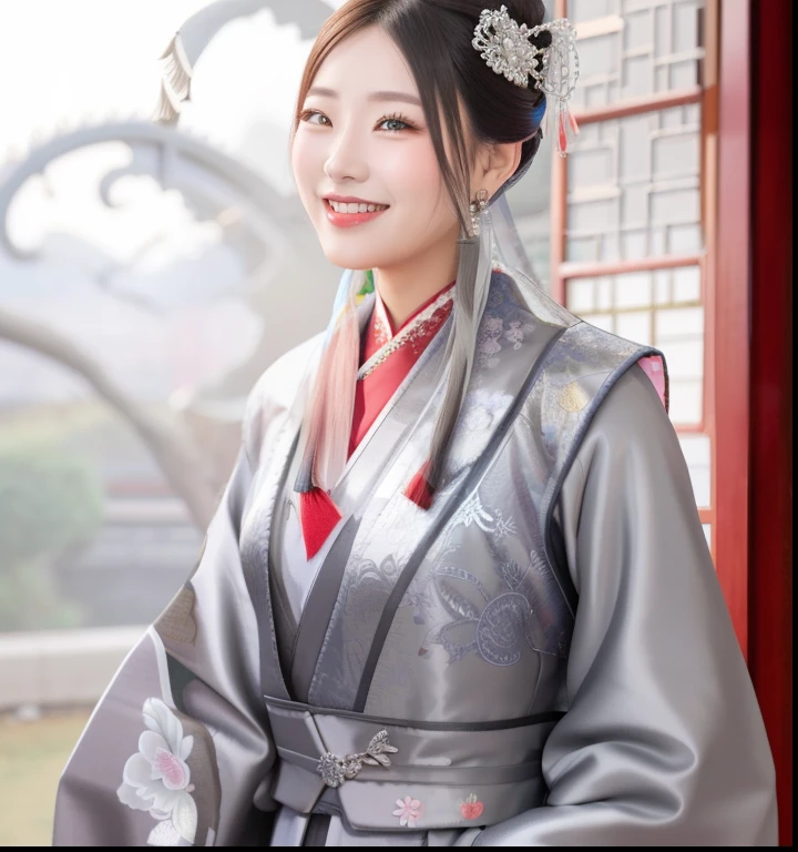 Smiling woman in traditional grey chinese dress
