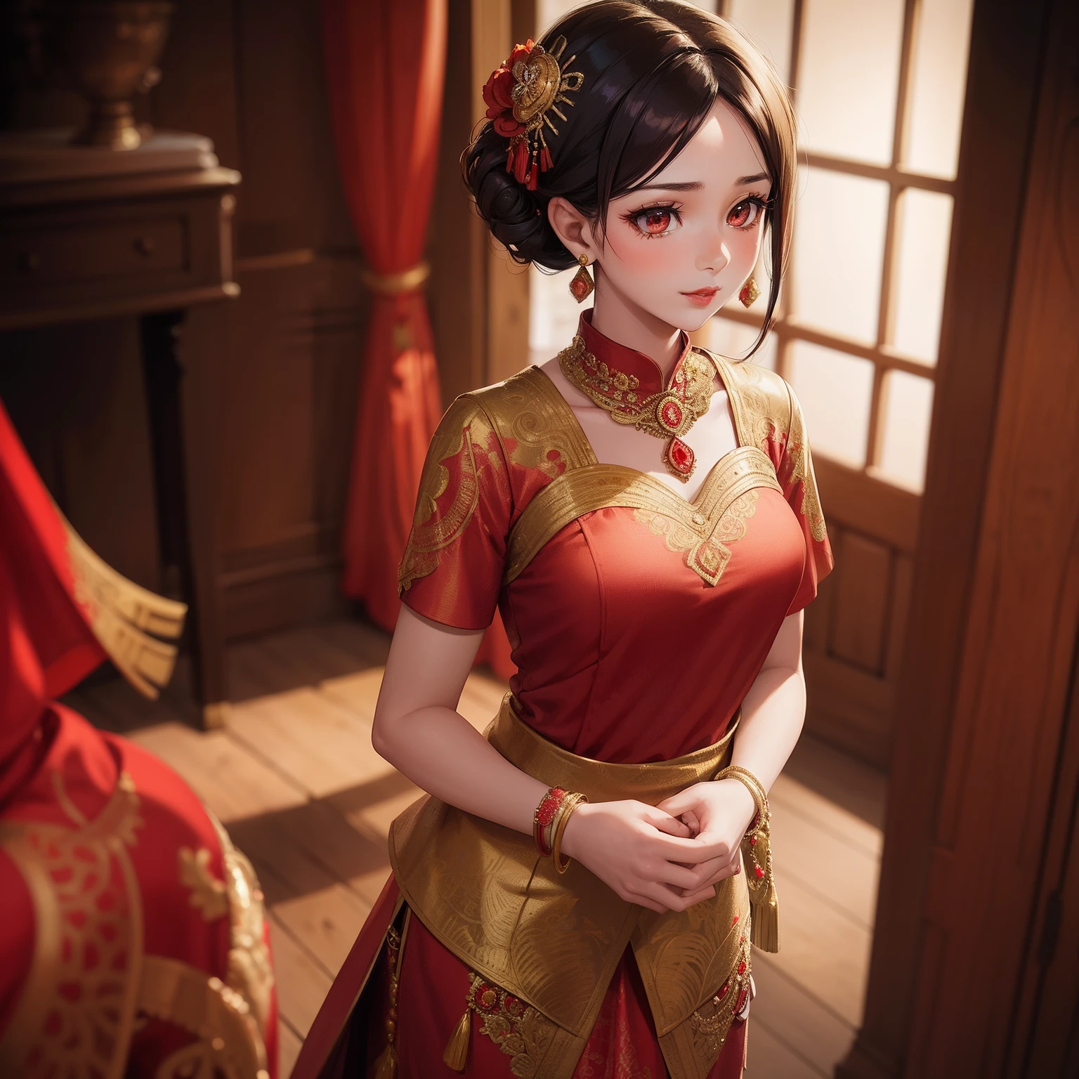 photography, a young girl, java wedding woman in red kebaya dress traditional and batik skirt, looking at viewer, jewerly and hair on hair, red lipstick, golden necklace, earrings, ornate, detail, flowers, blurry background, soft focus. Sarada Uchiha. Kebaya dress. Pixie Short hair