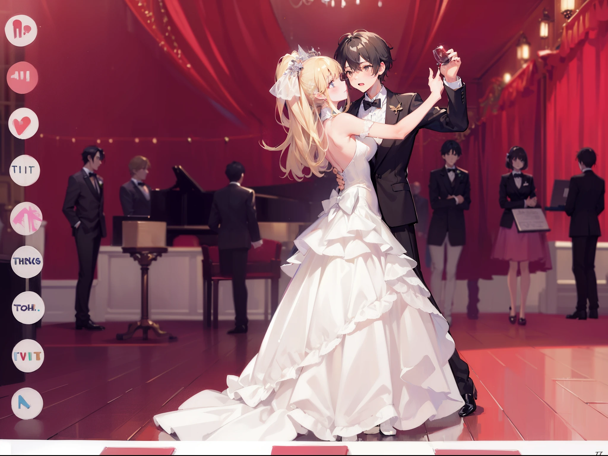 (masterpiece:1.5), (bestquality), highlydetailed, ultra-detailed, black hair, blonde hair, blurry, blurry background, blurry foreground, bow, bowtie, depth of field, dress, formal, multiple boys, multiple girls, photo \(medium\), suit, tuxedo, wedding dress