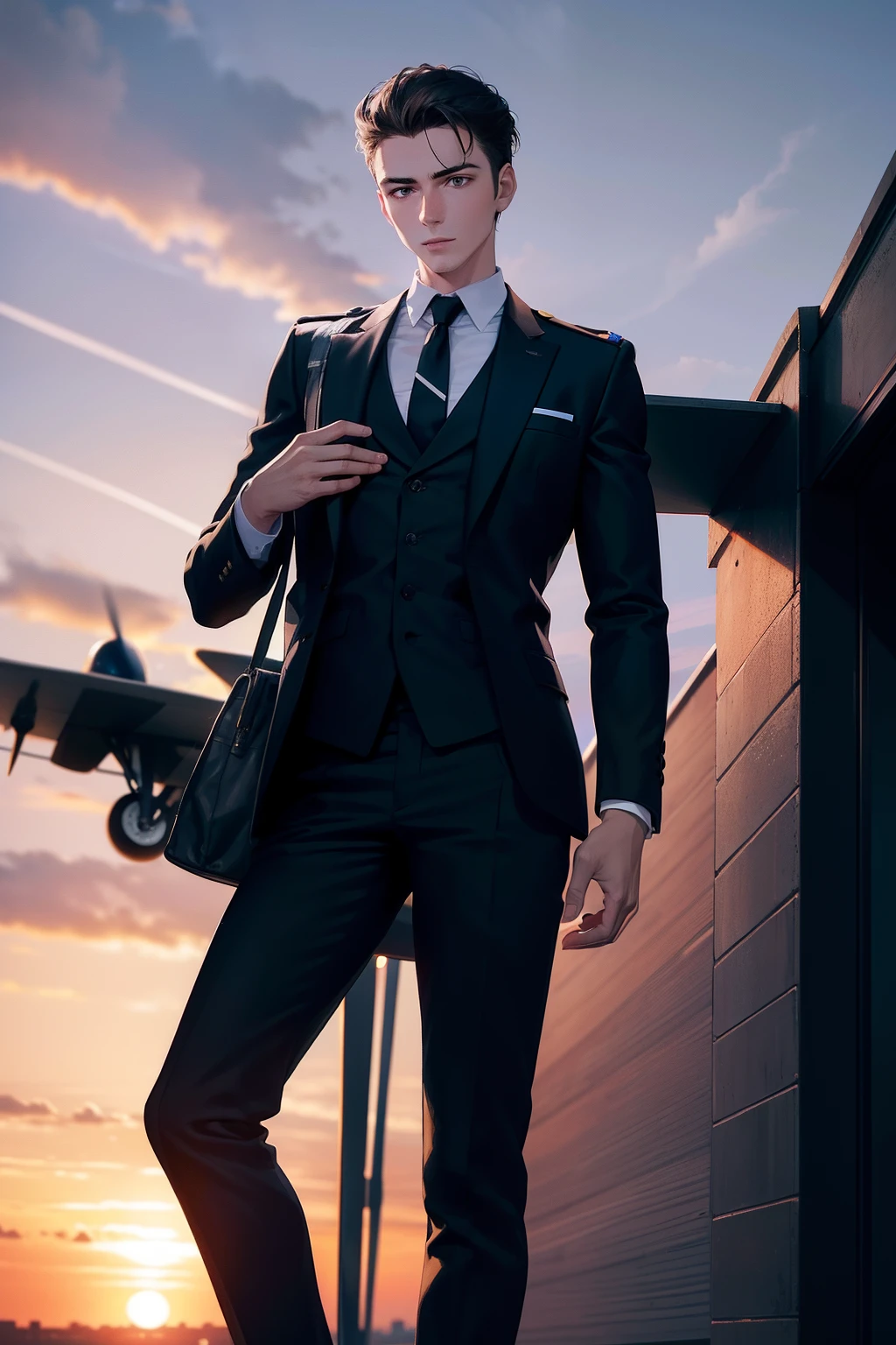 Young European guy, civilian pilot, wears a smart-watch on his right hand, carries a black suit in his hand, Standing at a sunset in the evening, Airplane in the background