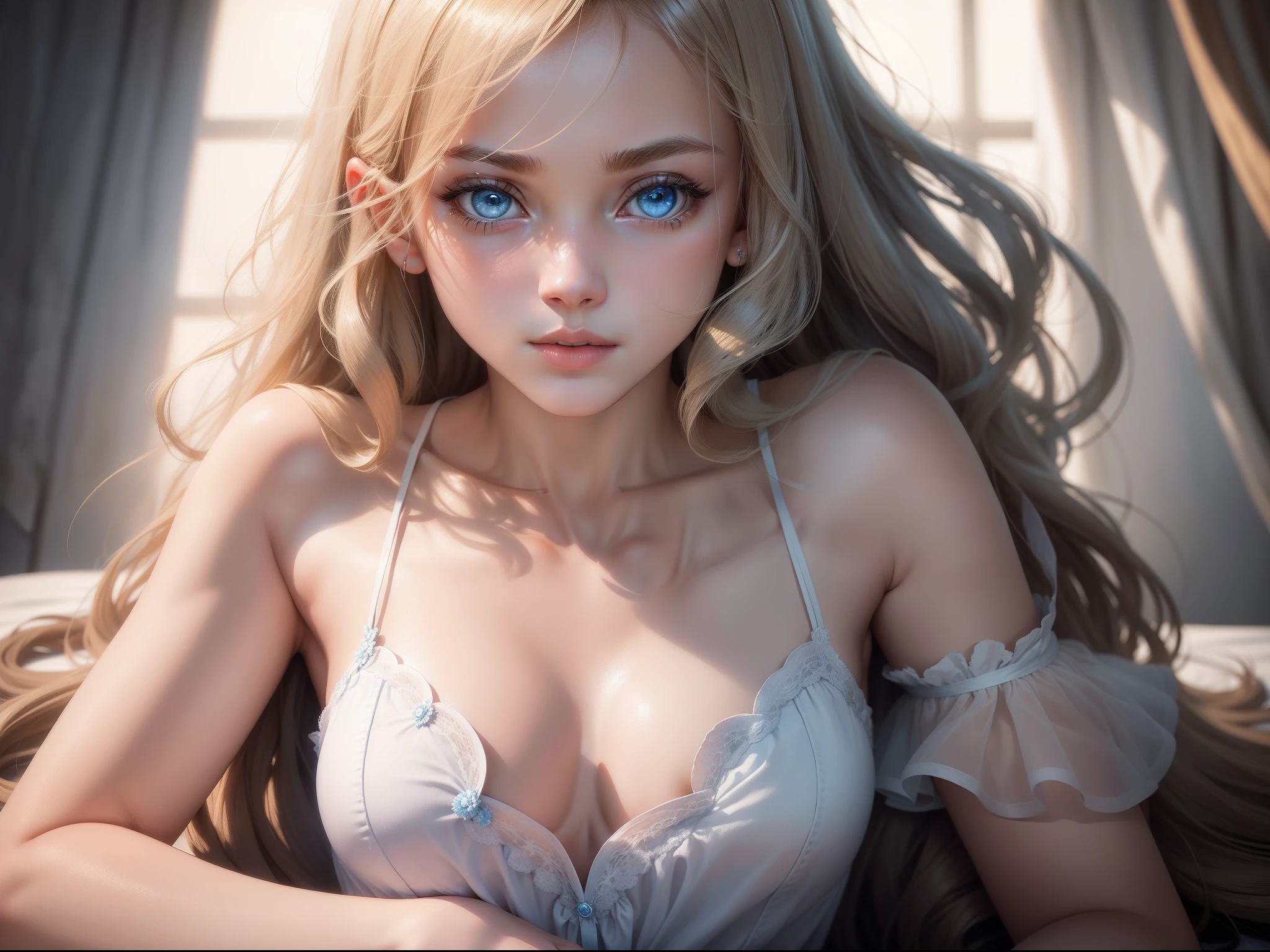 (masterpiece), realistic, (portrait of a girl), beautiful face, sunlight, cinematic light, bangs, 16 year old girl, beautiful blue eyes, blonde hair, perfect anatomy, very cute, Centred image, stylized, bioluminescence, white low-cut dress with small blue details, human hands, elegant, approaching perfection, dynamic, highly detailed, facing directly at the viewer positioned so that their body is symmetrical and balanced, stunningly beautiful, small bust, flat chest, young face, detailed hairstyle,
