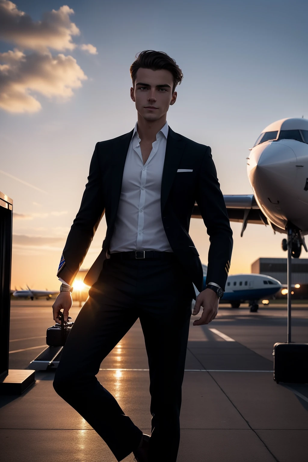 Young European guy, civilian pilot, wears a smart-watch on his right hand, carries a black suit in his hand, Standing at a sunset in the evening, Airplane in the background