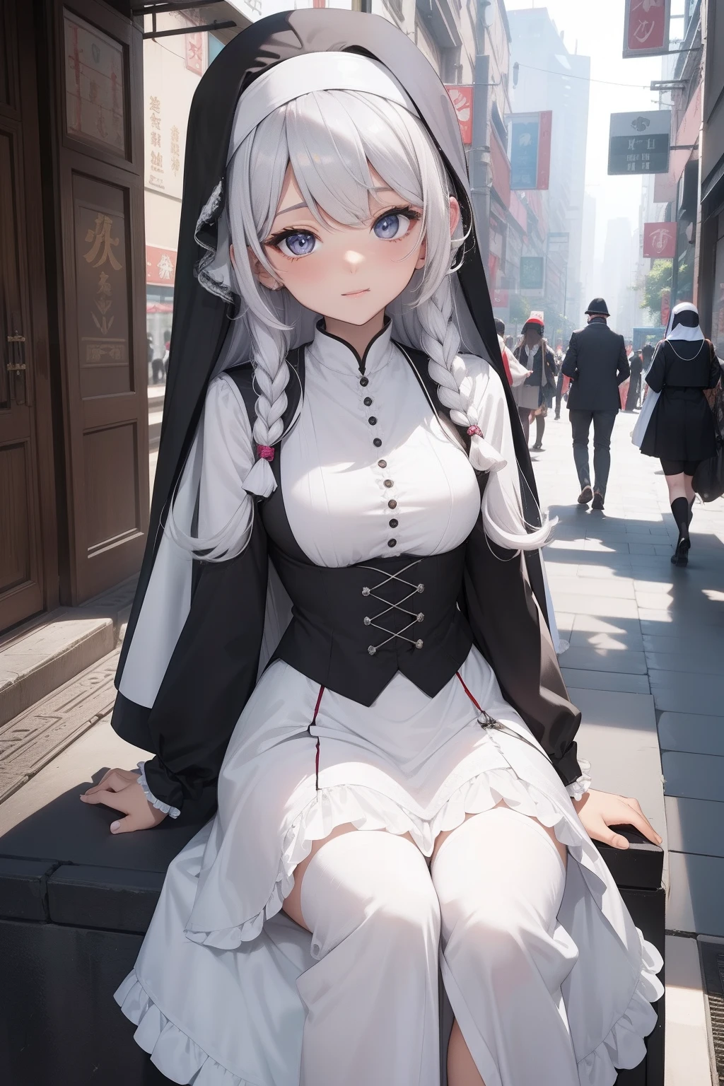 best qualityer,tmasterpiece,Ultimate resolution,downy,Extremely colorful,Colorful,saintess,silver-white long hair,curlies,a matural female,Crop topping,Nun dress and cheongsom,frilly panniers, The kinky is exposed,Shanghai town,Normal posture