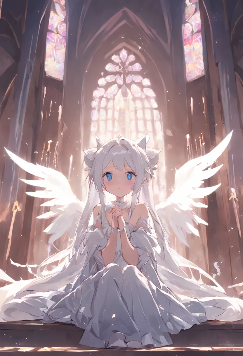 Anime girl sitting in a sacred church，Pray with both hands，the angel's wings，There are cat ears on the head, white dresses!! silber hair,Blue eyes， cute anime waifu in a nice dress,, White-haired god, gray-haired girl, Perfect girl with white hair, Güvez on Pisif Art Station, whaite hair, Flowing white hair