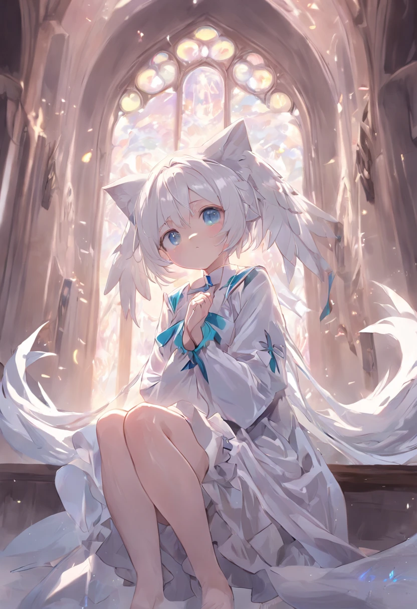 Anime girl sitting in a sacred church,Pray with both hands,the angel's wings,There are cat ears on the head, white dresses!! silber hair,Blue eyes, cute anime waifu in a nice dress,, White-haired god, gray-haired girl, Perfect girl with white hair, Güvez on Pisif Art Station, whaite hair, Flowing white hair