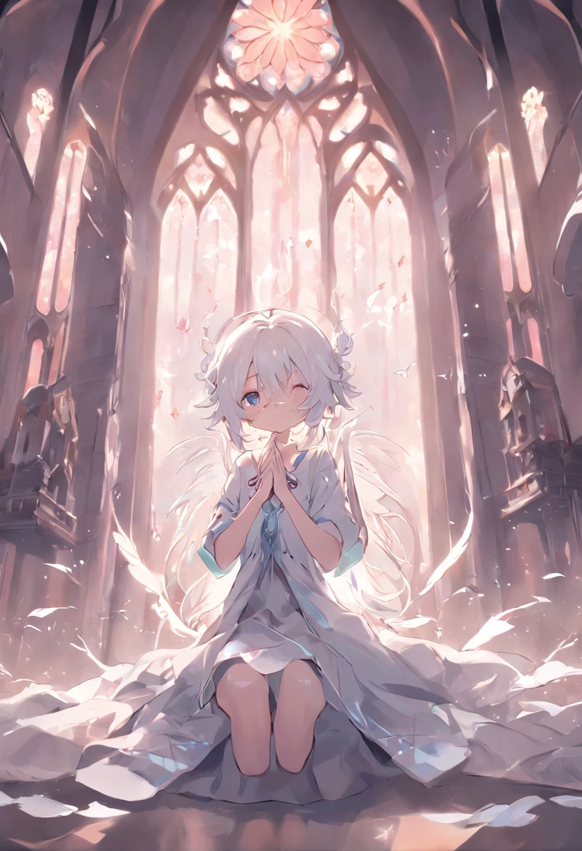 Anime girl sitting in a sacred church,Pray with both hands,the angel's wings,There are cat ears on the head, white dresses!! silber hair,Blue eyes, cute anime waifu in a nice dress,, White-haired god, gray-haired girl, Perfect girl with white hair, Güvez on Pisif Art Station, whaite hair, Flowing white hair