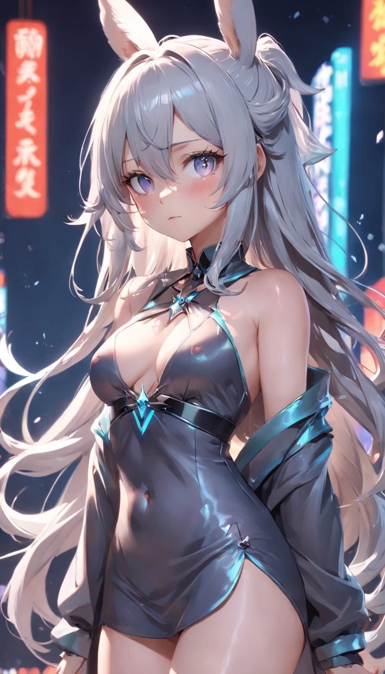 Dynamic angle, ((Full body posing:1.5), (colorful:1.2), (extremely detailed CG unity 16k wallpaper:1.1), (Denoising strength: 1.45), (tmasterpiece:1.37), ((official art)), (colorful:1.2), (extremely detailed CG unity 8k wallpaper, ultra-detailed, beautiful detailed eyes:1.2), (((extremely detailed))), highly detailed, beautiful, small details, ultra detailed, intricate, trending on artstation, good anatomy, beautiful lighting, award-winning sliver wolf /(honkai:star rail/) 1 girl, grey hair, long hair, bangs, black bunny ears, cold face, (eyewear on head), long hair, ponytail, choker, collarbone black pajamas, black nightgown, standing full body, solo, white background, indoor, god rays, sparkle, glowing light, ((masterpiece)), ((best quality)), masterpiece, (((best quality))), best quality, 4k, 8k, UHD, award winning