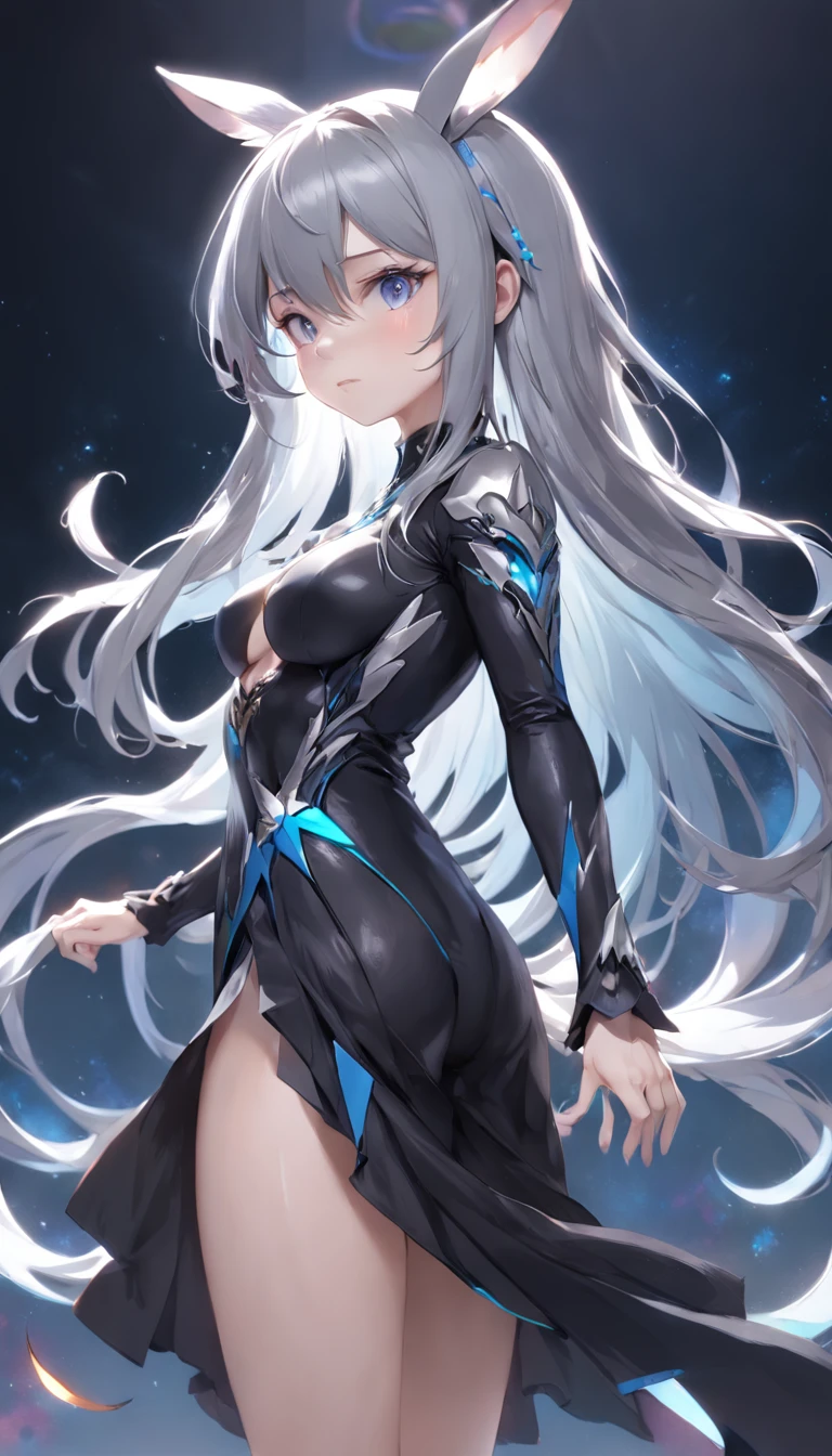 Dynamic angle, ((Full body posing:1.5), (colorful:1.2), (extremely detailed CG unity 16k wallpaper:1.1), (Denoising strength: 1.45), (tmasterpiece:1.37), ((official art)), (colorful:1.2), (extremely detailed CG unity 8k wallpaper, ultra-detailed, beautiful detailed eyes:1.2), (((extremely detailed))), highly detailed, beautiful, small details, ultra detailed, intricate, trending on artstation, good anatomy, beautiful lighting, award-winning sliver wolf /(honkai:star rail/) 1 girl, grey hair, long hair, bangs, black bunny ears, cold face, (eyewear on head), long hair, ponytail, choker, collarbone black pajamas, black nightgown, standing full body, solo, white background, indoor, god rays, sparkle, glowing light, ((masterpiece)), ((best quality)), masterpiece, (((best quality))), best quality, 4k, 8k, UHD, award winning