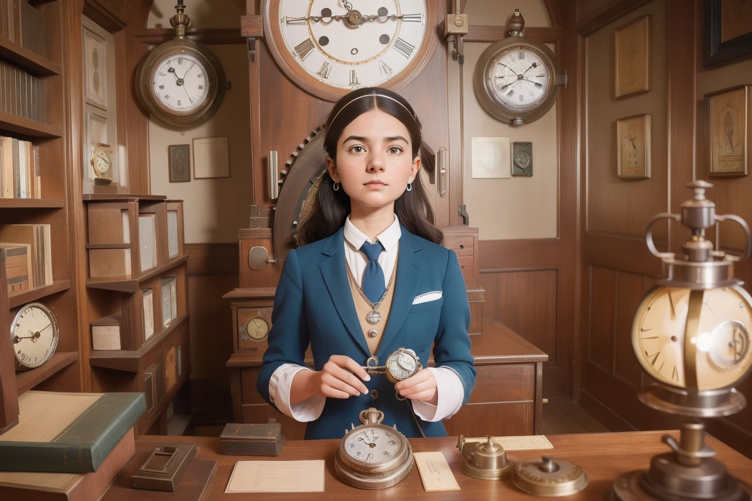 Amidst the giant gears and cogs of a Wes Anderson-style clock tower, a petite clockmaker with silver streaks in her hair and a pocket watch tinkers tirelessly, ensuring the town's timekeeping is as whimsical as its architecture.
