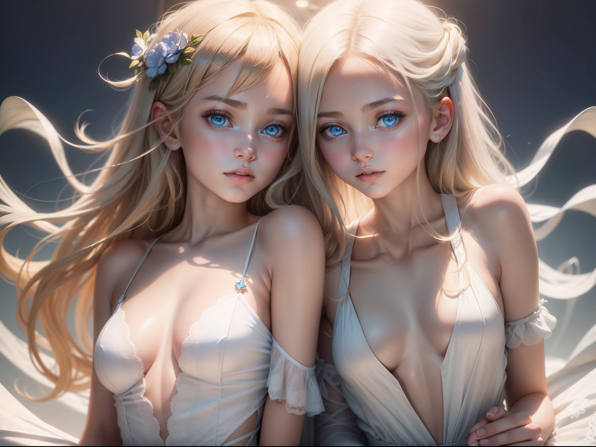 (masterpiece), realistic, (portrait of a girl), beautiful face, sunlight, cinematic light, bangs,  girl, beautiful blue eyes, blonde hair, perfect anatomy, very cute, Centred image, stylized, bioluminescence, white low-cut dress with small blue details, human hands, elegant, approaching perfection, dynamic, highly detailed, facing directly at the viewer positioned so that their body is symmetrical and balanced, stunningly beautiful, small bust, flat chest, young face, detailed hairstyle,