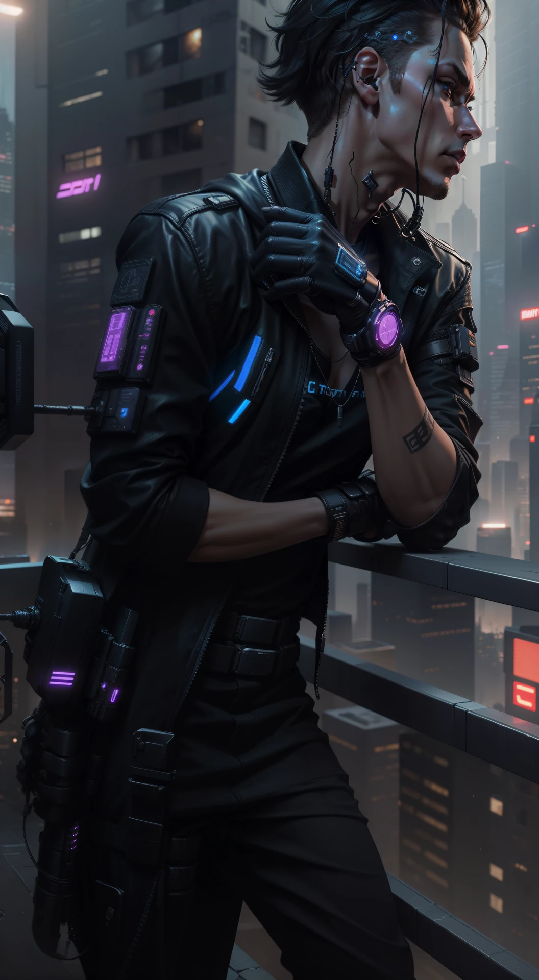 "Change background to a cyberpunk cityscape with a futuristic hand. Smart boy
Derive a realistic face, emphasize the number 8, create an ultra-realistic image."