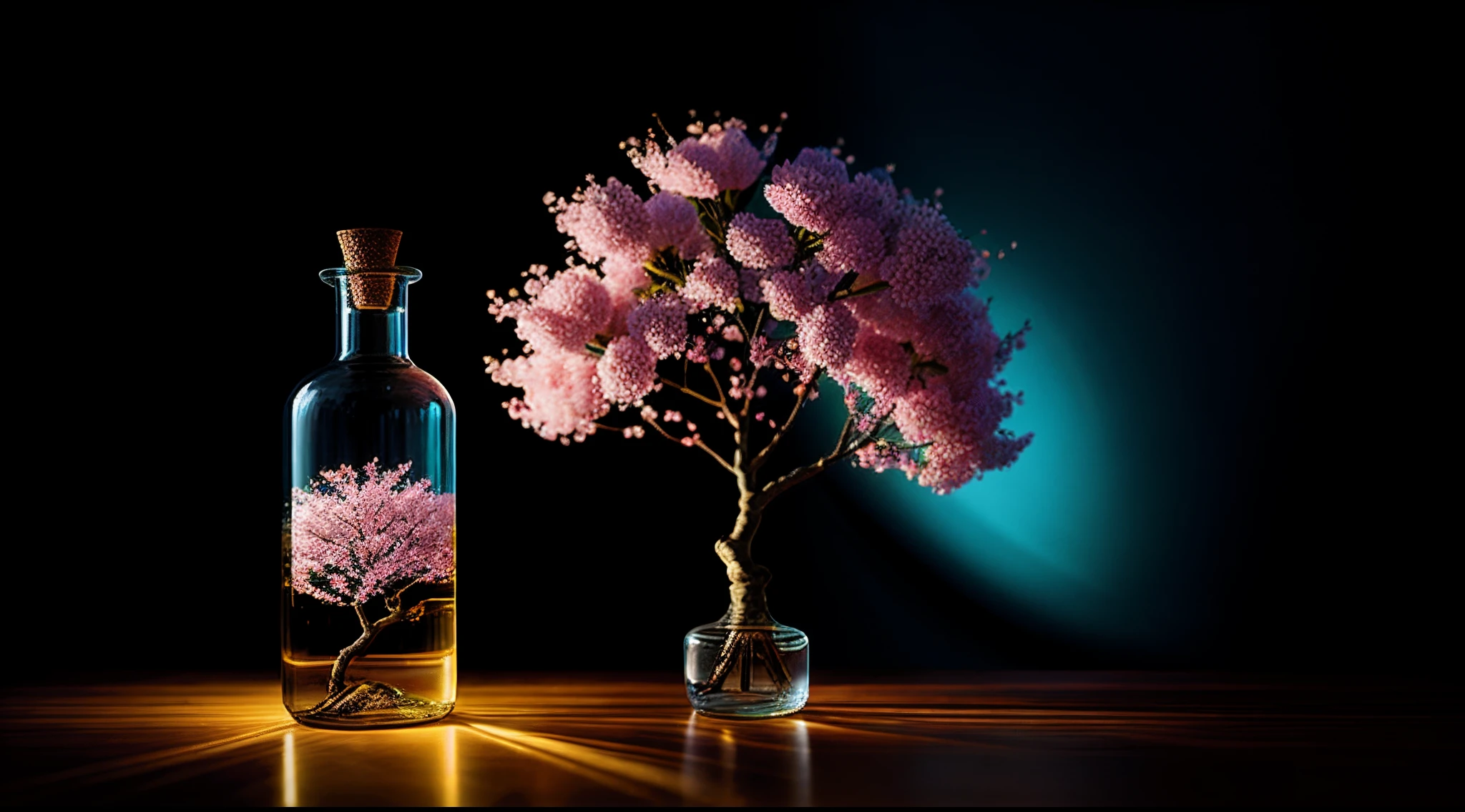 Cherry blossom tree in a bottle, Fluffy, Realistic, Atmospheric light refraction, author：Lee Jeffries Nikon D850 Film Stock Photo 4 Kodaport 400 Camera F1.6 Shots rich colors Ultra-realistic realistic textures Dramatic lighting Trends on Unreal Engine ArtStation CineStill 800, Style-Glass