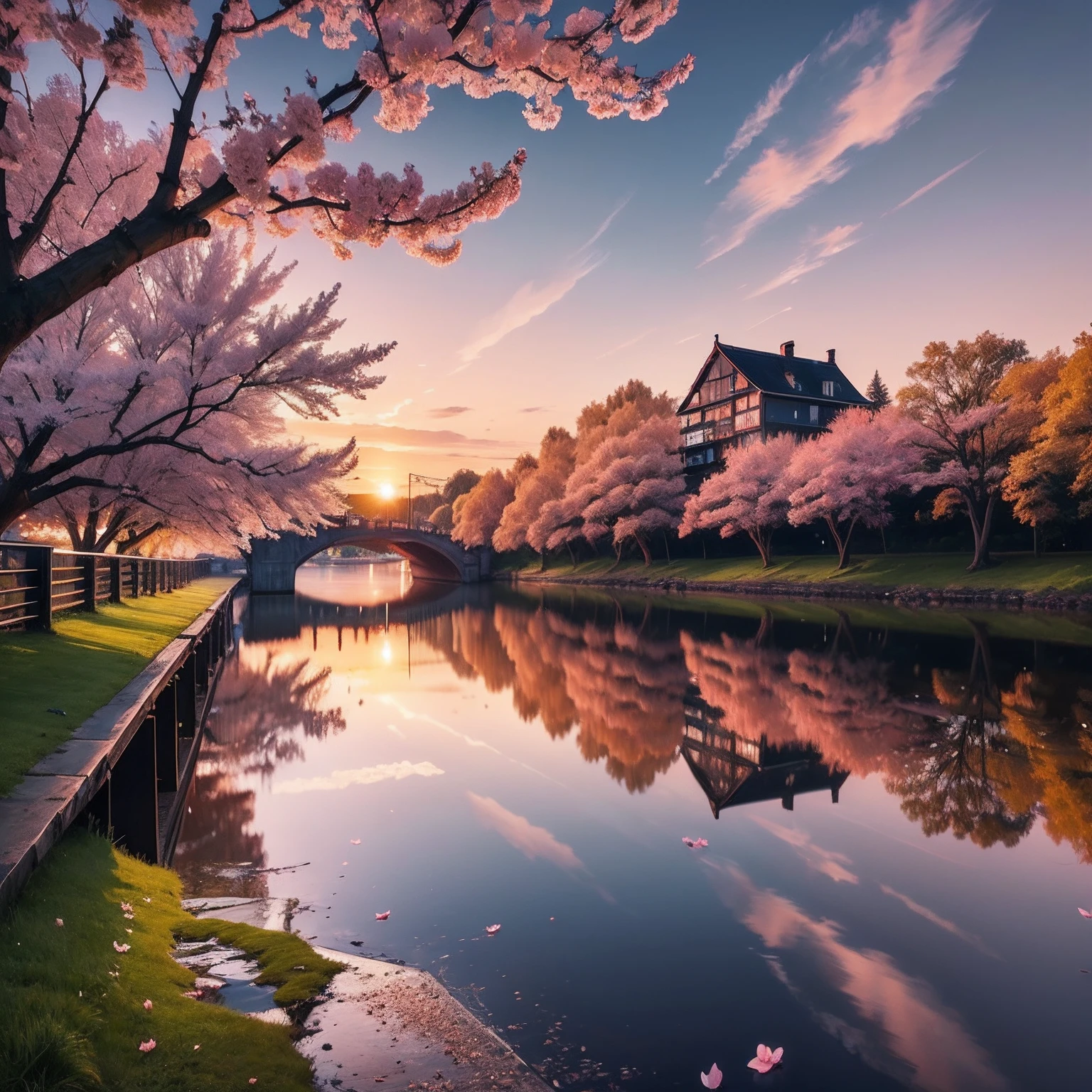 A boat on a river in a sunset, a bridge nearby, reflection of the water, blossoms tree, falling flowers in the air and the water, wallpaper, 8k, printable --auto
