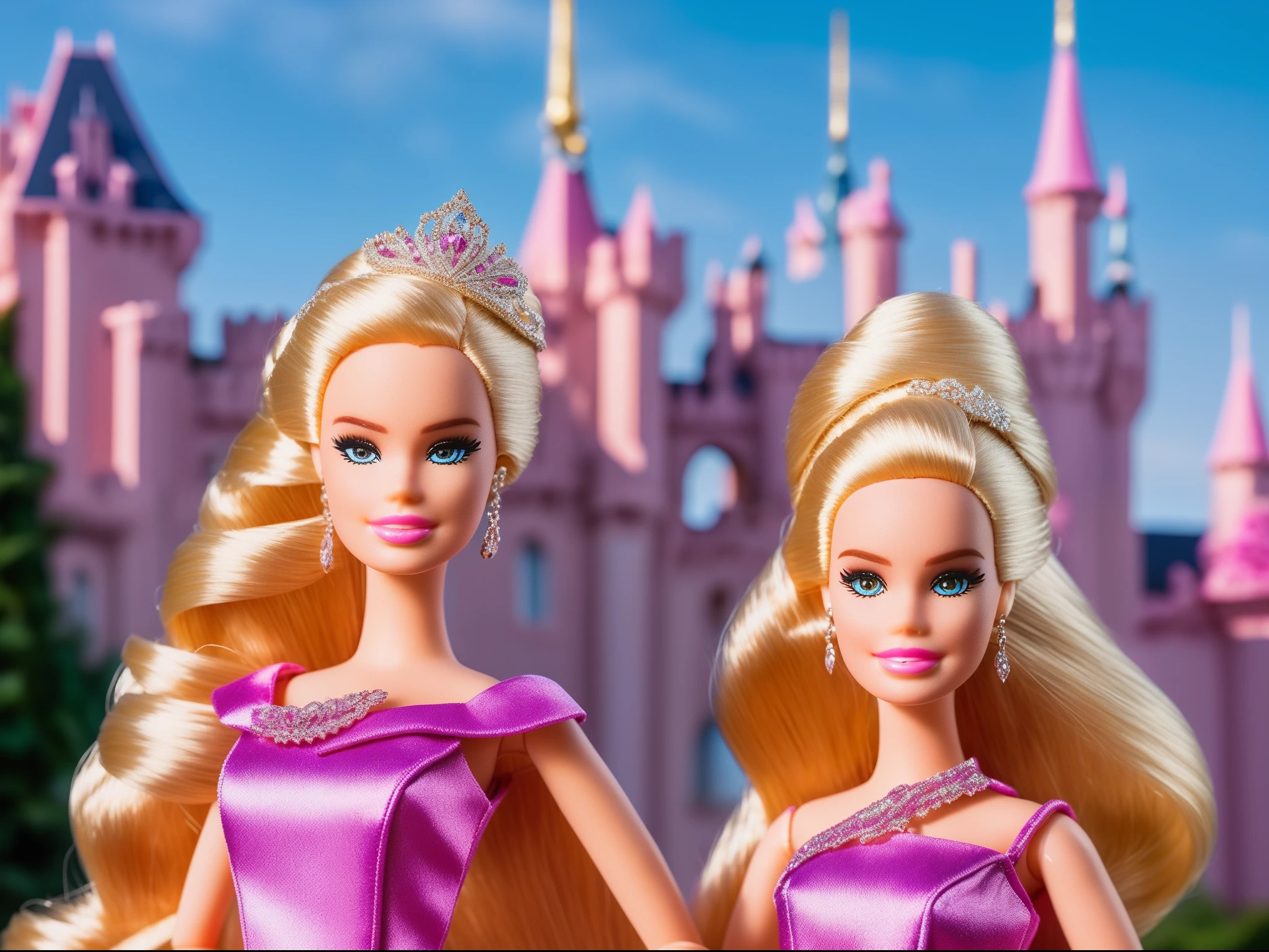 Barbie, moderne, feminist, Independent, Radiant smile and a perfectly symmetrical face, Ultra Detail, pose dynamique, prise de vue ultra large, plein pied, profondeur de champ, Castle background, cheveux long, lisse, blonde cascading down his shoulders, Stylish makeup, accessoires scintillants. Barbie toy accessory by hand. Ambiance lumineuse, hyper realistic, volumetic, photoreallistic, 16K [Ultra detailded], super detailed, Couleur vive, HDR, Exceptional quality (Extremely detailed) full view. (master piece, high resolucion : 1.4)