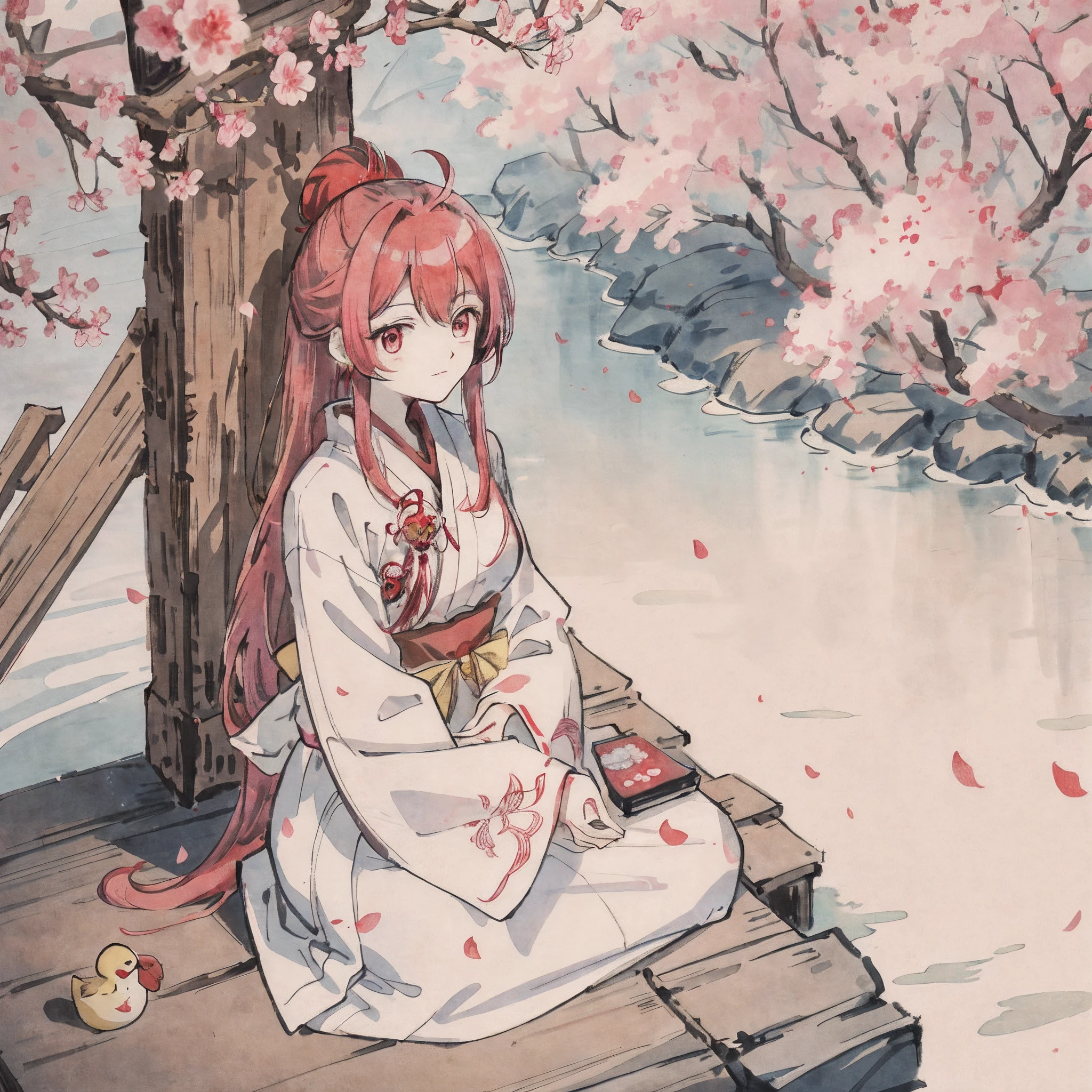 under a sakura tree,Red long-haired,20yr old,Japan Priestess,rose red eyes,White upper part and red witch costume,Little yellow duck toy,A tranquil,gentleness,Uesugi Eri,animemanga girl,inspired by Nishikawa Sukenobu, anime beautiful peace scene, Beautiful anime girl, Anime art wallpaper 4 K, Beautiful anime art, drawn in anime painter studio, Beautiful anime style, sakura season,
