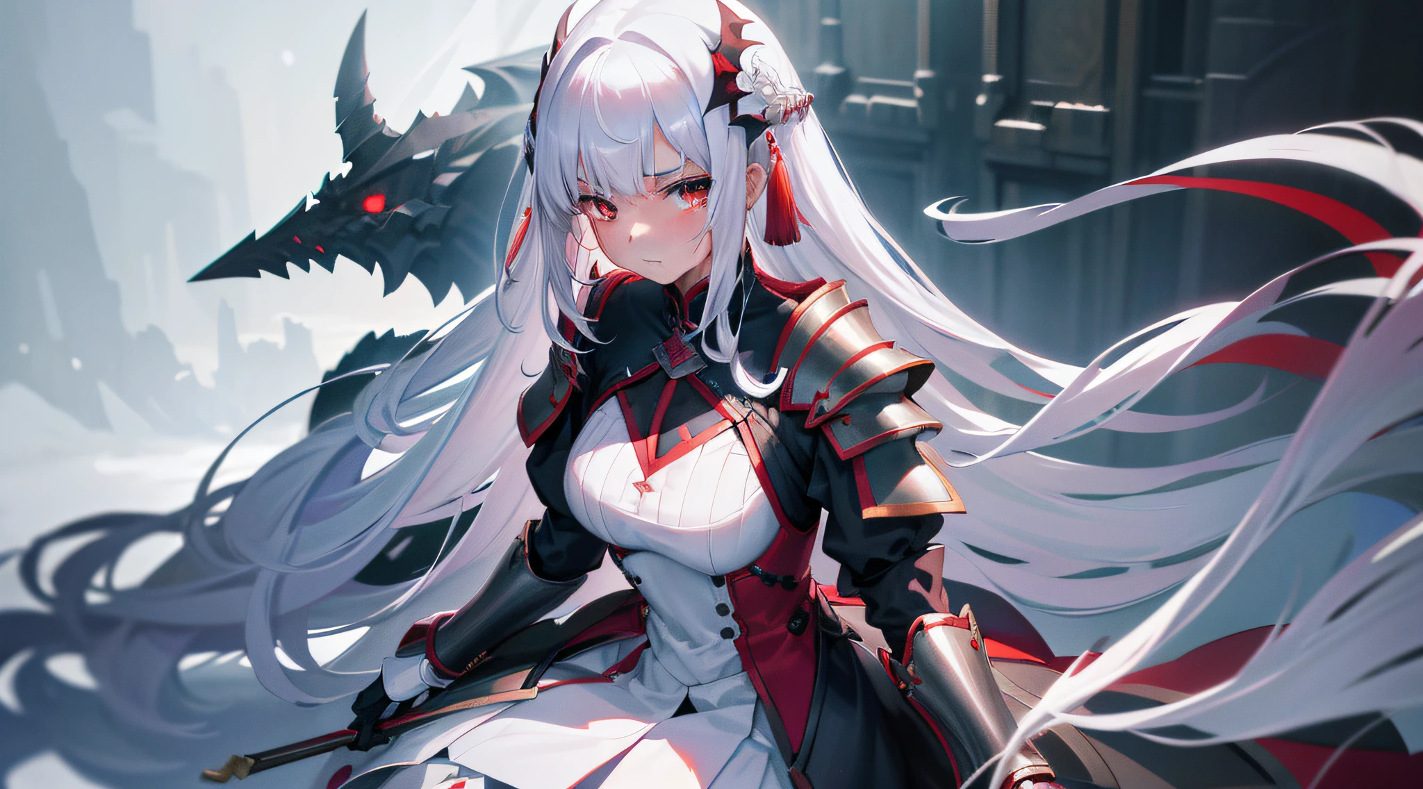 A teenage girl，White hair and red eyes，long whitr hair，Original Character、fantasy concept art、Best shadow、shallowdepthoffield、Portrait of a noble knight、Dignified、Sad expression，streaming tears，Sophisticated tactical heavy armor、Tassel waistband、Hand Guard、Pauline、High quality armor texture，Stand up，Kneel on one knee，overcast day，Snow，（HighestQuali，astonishing detail：1.25），（独奏：1.3），Brilliant and colorful paintings
