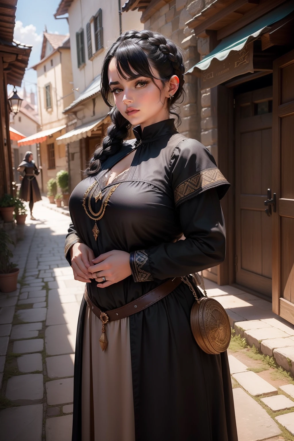 Esvel Tezrin , The woman, in clothes, Piercing Pear-shaped face, a little divine Short braided black hair, Villager's clothes, Fantasy, fully clothed, Dressed, dnd, Fantasy Middle Ages