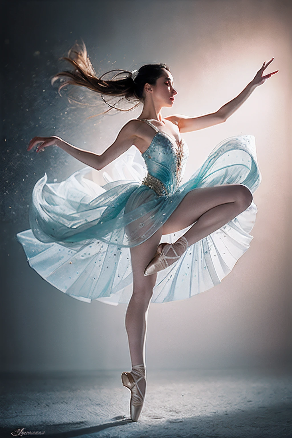 A dynamic portrait captures a ballet dancer mid-leap, frozen in a breathtaking moment of grace and elegance. The subject's graceful pose and flowing costume are highlighted by dynamic lighting and particle effects. The photography style resembles an ethereal watercolor painting, emphasizing fluidity and beauty. Camera parameters: Nikon Z6, f/1.4 aperture, ISO 320, shutter speed 1/500