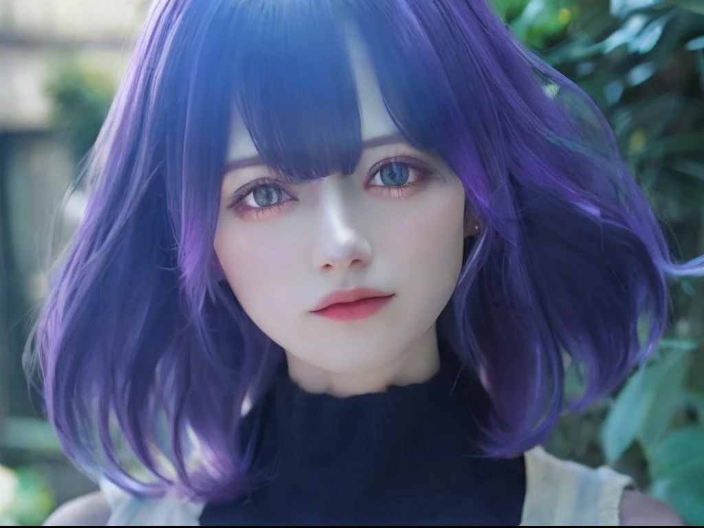 1girl,Vermeil,Black clothes,purple hair,Short hair, realistic,Very detail,70mm lens,eye details