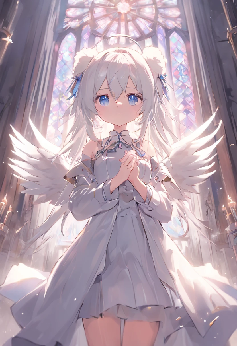 Anime girl standing in the Holy Church,Pray with both hands,the angel's wings,There are cat ears on the head, white dresses!! silber hair,Blue eyes, cute anime waifu in a nice dress,, White-haired god, gray-haired girl, Perfect girl with white hair, Güvez on Pisif Art Station, whaite hair, Long flowing white hair