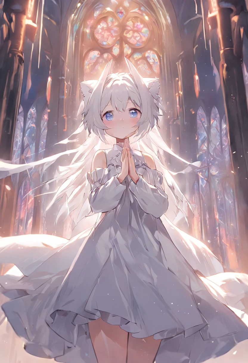 Anime girl standing in the Holy Church,Pray with both hands,the angel's wings,There are cat ears on the head, white dresses!! silber hair,Blue eyes, cute anime waifu in a nice dress,, White-haired god, gray-haired girl, Perfect girl with white hair, Güvez on Pisif Art Station, whaite hair, Long flowing white hair