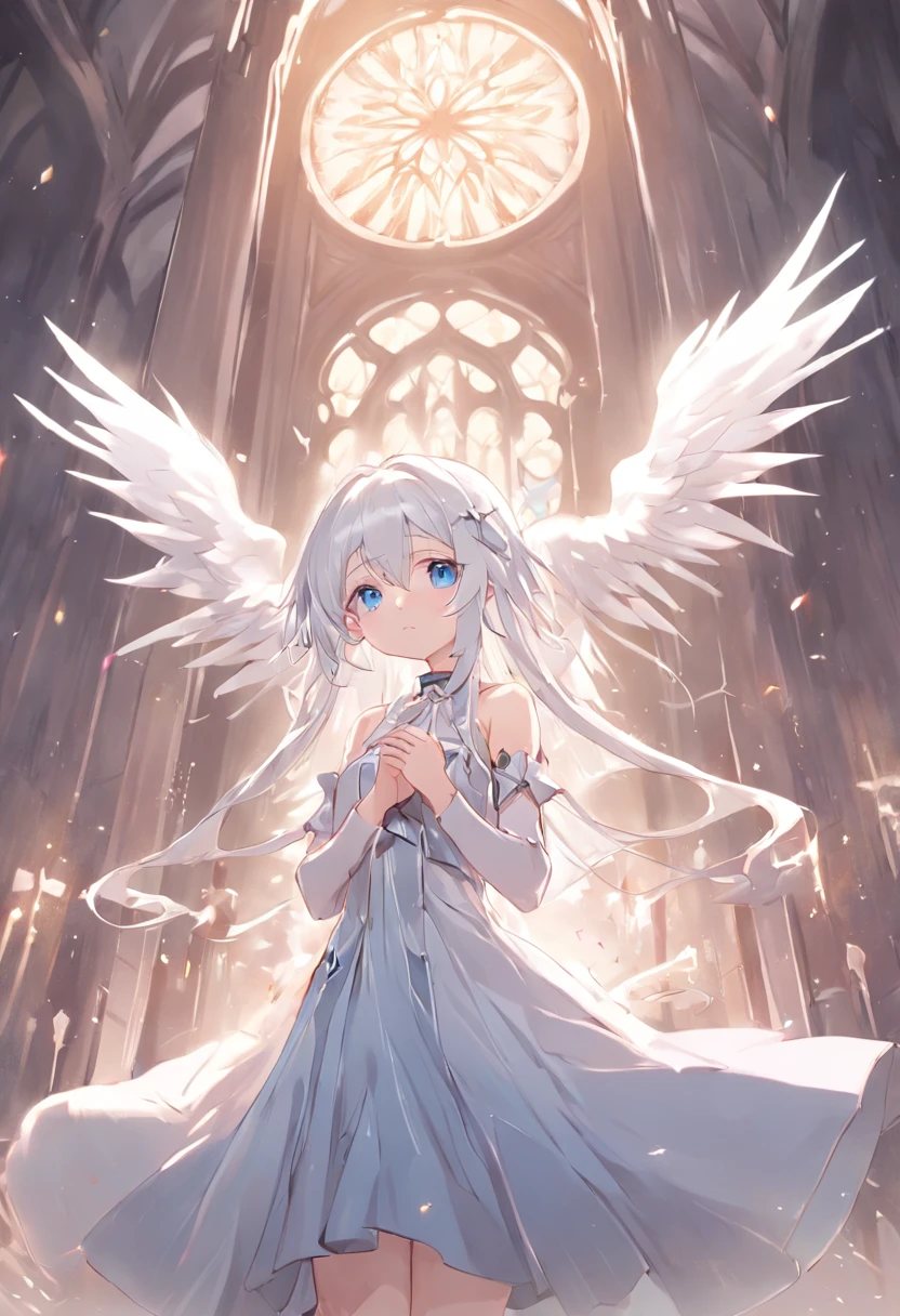 Anime girl standing in the Holy Church，Pray with both hands，the angel's wings，There are cat ears on the head, white dresses!! silber hair,Blue eyes， cute anime waifu in a nice dress,, White-haired god, gray-haired girl, Perfect girl with white hair, Güvez on Pisif Art Station, whaite hair, Long flowing white hair