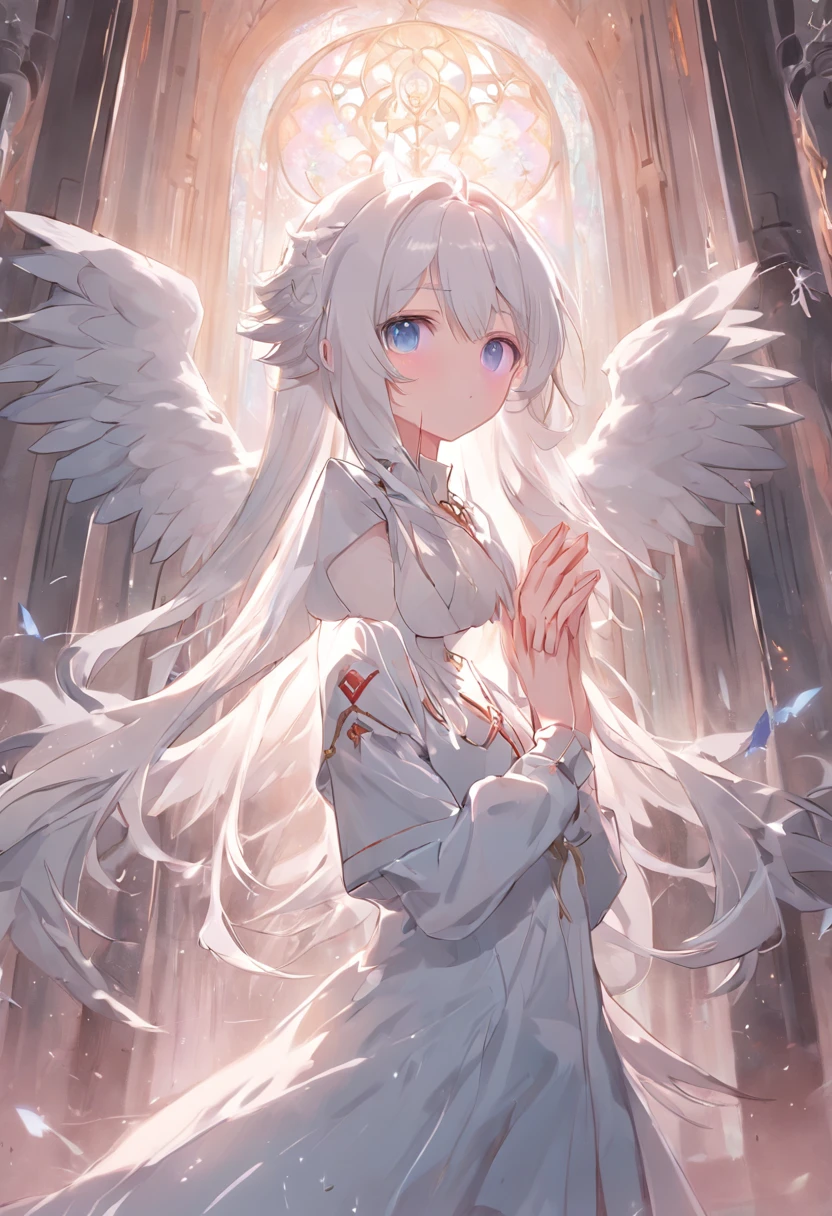 Anime girl standing in the Holy Church，Pray with both hands，the angel's wings，There are cat ears on the head, white dresses!! silber hair,Blue eyes， cute anime waifu in a nice dress,, White-haired god, gray-haired girl, Perfect girl with white hair, Güvez on Pisif Art Station, whaite hair, Long flowing white hair