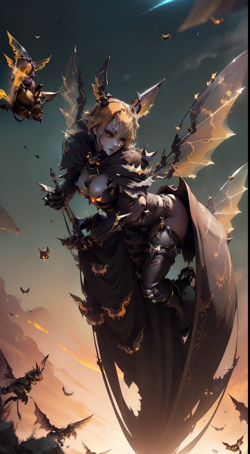 (Illustration of a fast-flying hornet:1.2)、A devil that combines creepiness and beauty、Atrocious、cruel、offensive、Dweller of Darkness、beast、Fusion of man and wasp、fullllbody、(femele:0.8 | hornet:1.8)、Bee armor、Furiously piercing with a poisonous spear in the hand