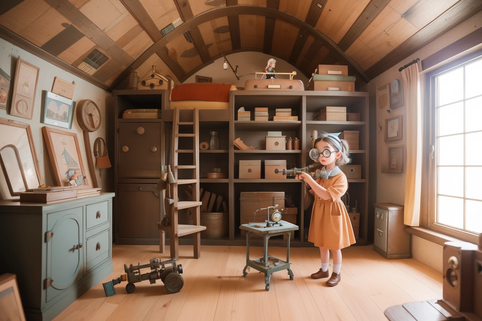 In a whimsical Wes Anderson attic, a petite inventor with freckles, wild gray hair, and oversized goggles conducts experiments with oversized contraptions, her miniature world filled with wonder and whimsy.