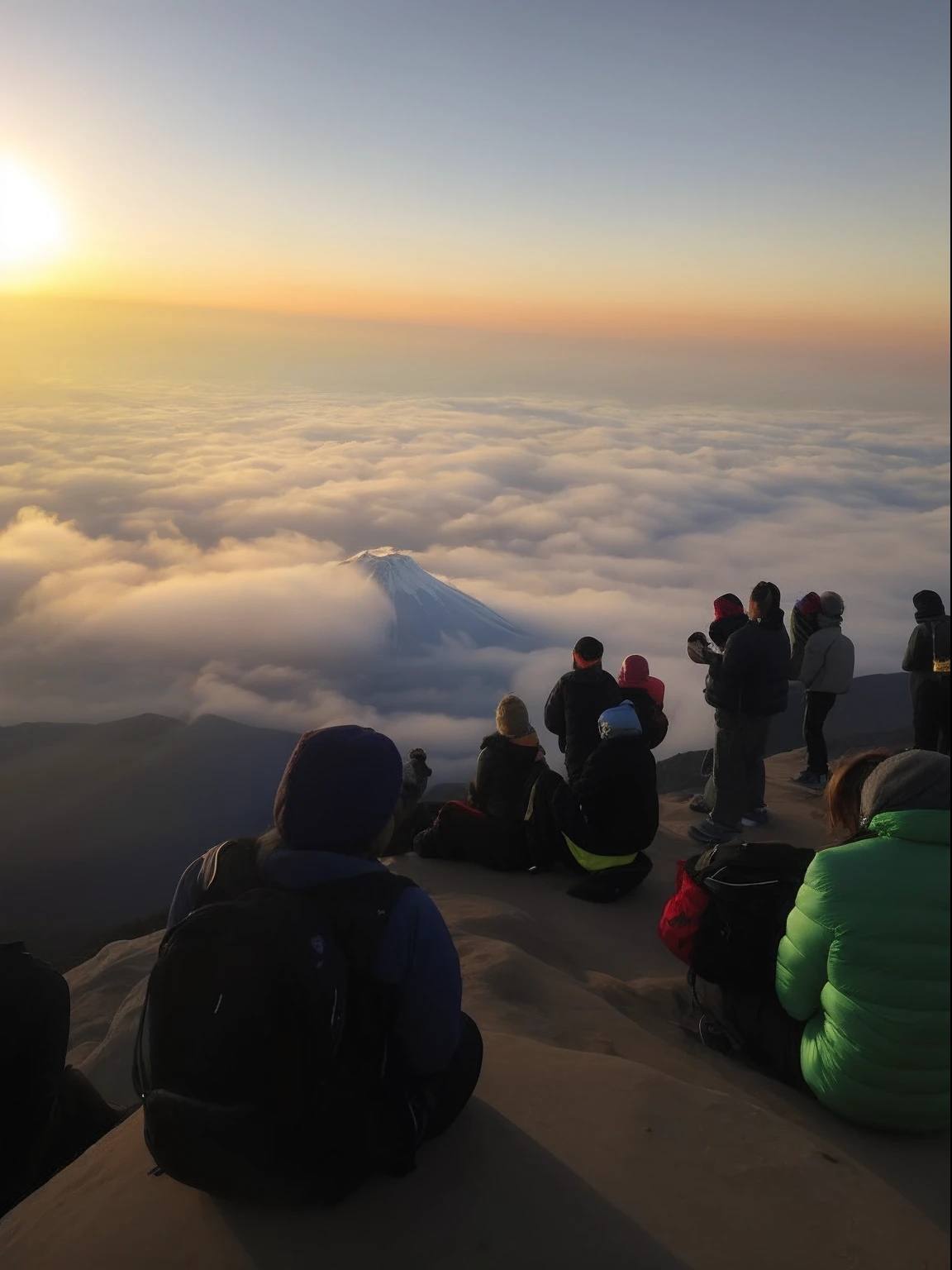 People sit on top of a mountain and watch the sun rise over the clouds, At sunrise, during sunrise, instagram post, mont. Fuji, rise above clouds, view above the clouds, Above the clouds, Sunrise over snow-capped Mt. Fuji, walking above the clouds and fog, reddit post, dawn, At sunset, Exploring, Mt fuji, morning atmosphere, during dawn, peak