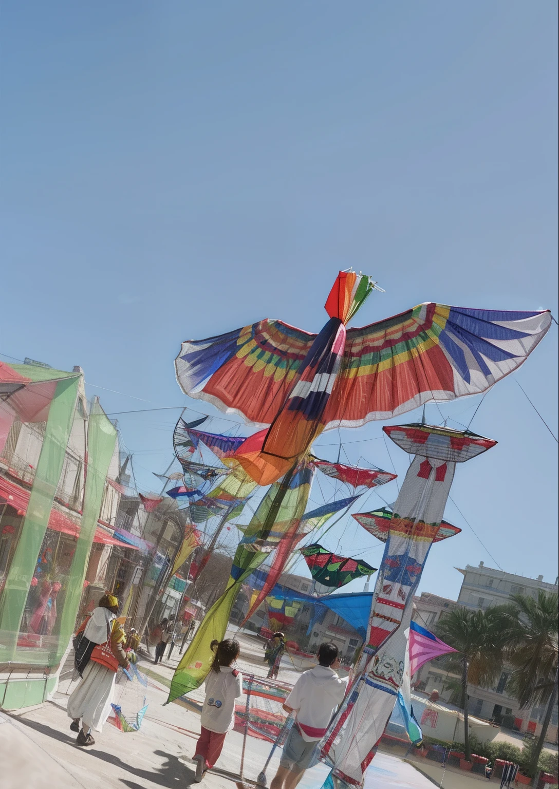 Brightly colored kites fly in space