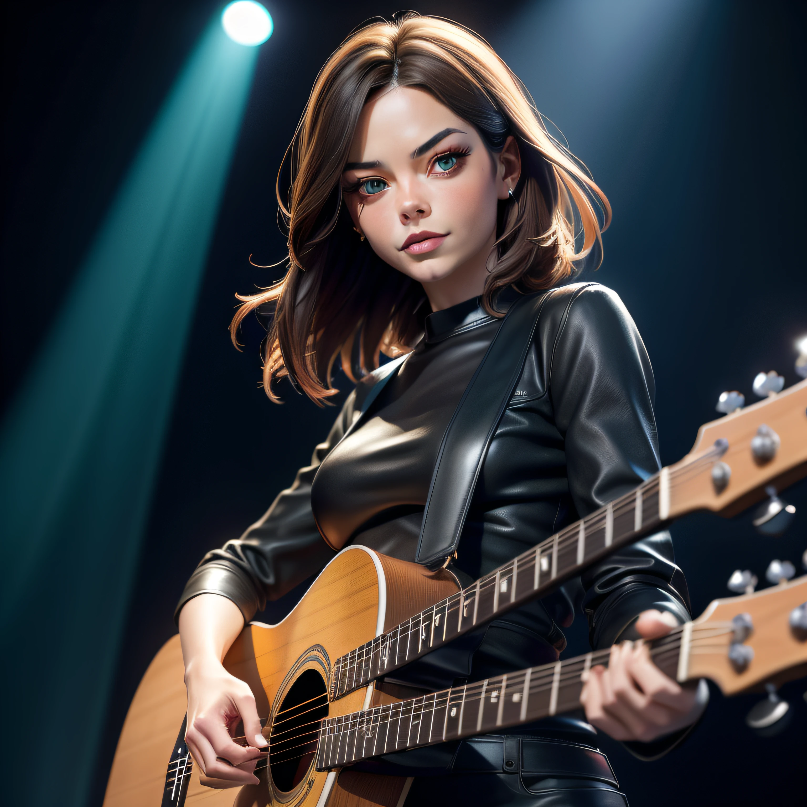 Kristin Kreuk chanteuse pop aux cheveux long, Queue, and symmetrical watery green eyes hold a guitar, dressed in black leather pants, avec un angle dynamique, captured in a very detailed cowboy shot, giving off a melancholic emotion, with soothing tones and a contrasting mix of light and shadow, tout en soulignant les cheveux, les yeux, the mouth and the action of the subject in a composition that is both pleasing to the eye and stimulating. main parfaites. Music stage with projectors and lasers in the background.