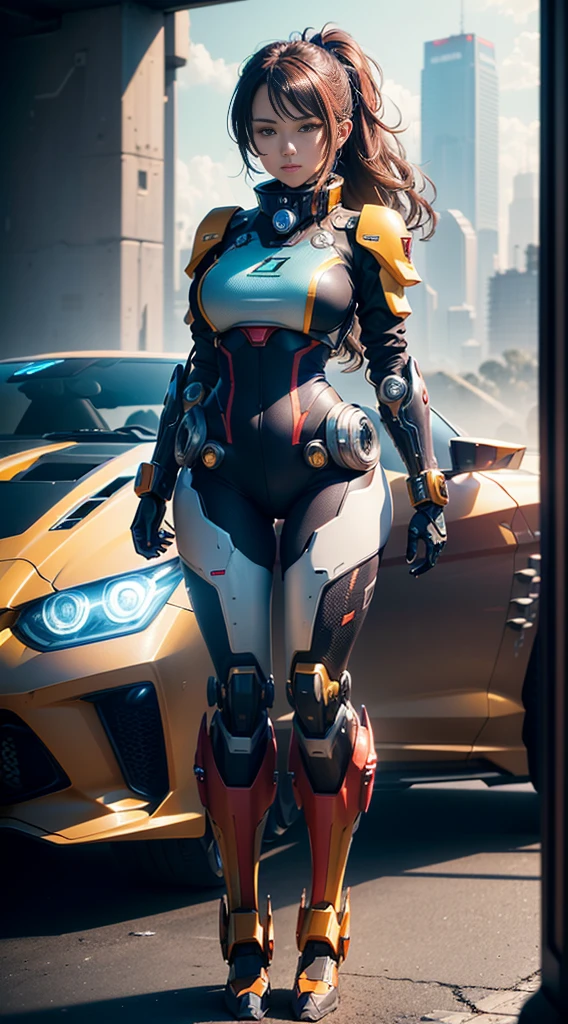(Dynamic angle:1.4), ((Full body posing:1.5), (colorful:1.2), (extremely detailed CG unity 16k wallpaper:1.1), (Denoising strength: 1.45), (tmasterpiece:1.37), ((official art)), (colorful:1.2), (1 girl, Cyberpunk girl, close to the camera, her body occupies a quarter of the whole picture), ((((behind her is a huge mecha monster)))), (huge mecha monster, occupying the whole picture), (Octane rating rendering: 1.4), (highly realistic), (super detail: 1.5), c4d rendering, movie quality, mechanical sports car, Mecha sports car, taoist, 1girl, super_mecha, super resolution, god rays, sparkle, glowing light, ((masterpiece)), ((best quality)), best quality, best quality, hd, 8k, highres, UHD, award winning