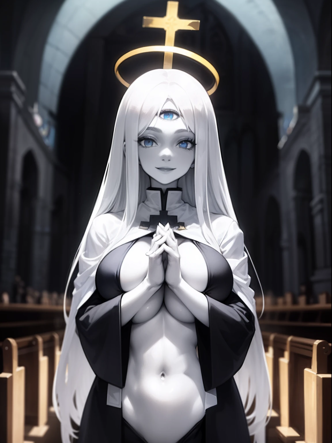1girl,solo,(pale skin), blue eyes,demonic third eye,white hairs,long hairs,large breasts ,priest,smile, church,halo,own hands together,underboob