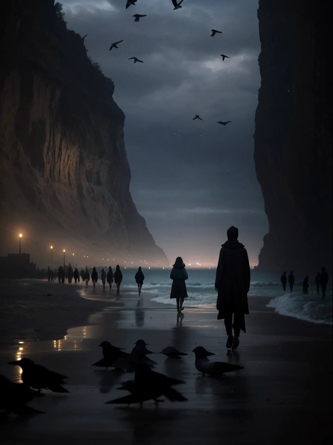 People walk on the beach at night，A flock of birds flew overhead, beach surreal photography, Inspired by Michal Karz, inspired by Michał Karcz, Cinematography concept art, Alessio Albi, photorealistic dark concept art, author：Michal Kartz, photography alexey gurylev, dark figures walking, photography alexey kurylev