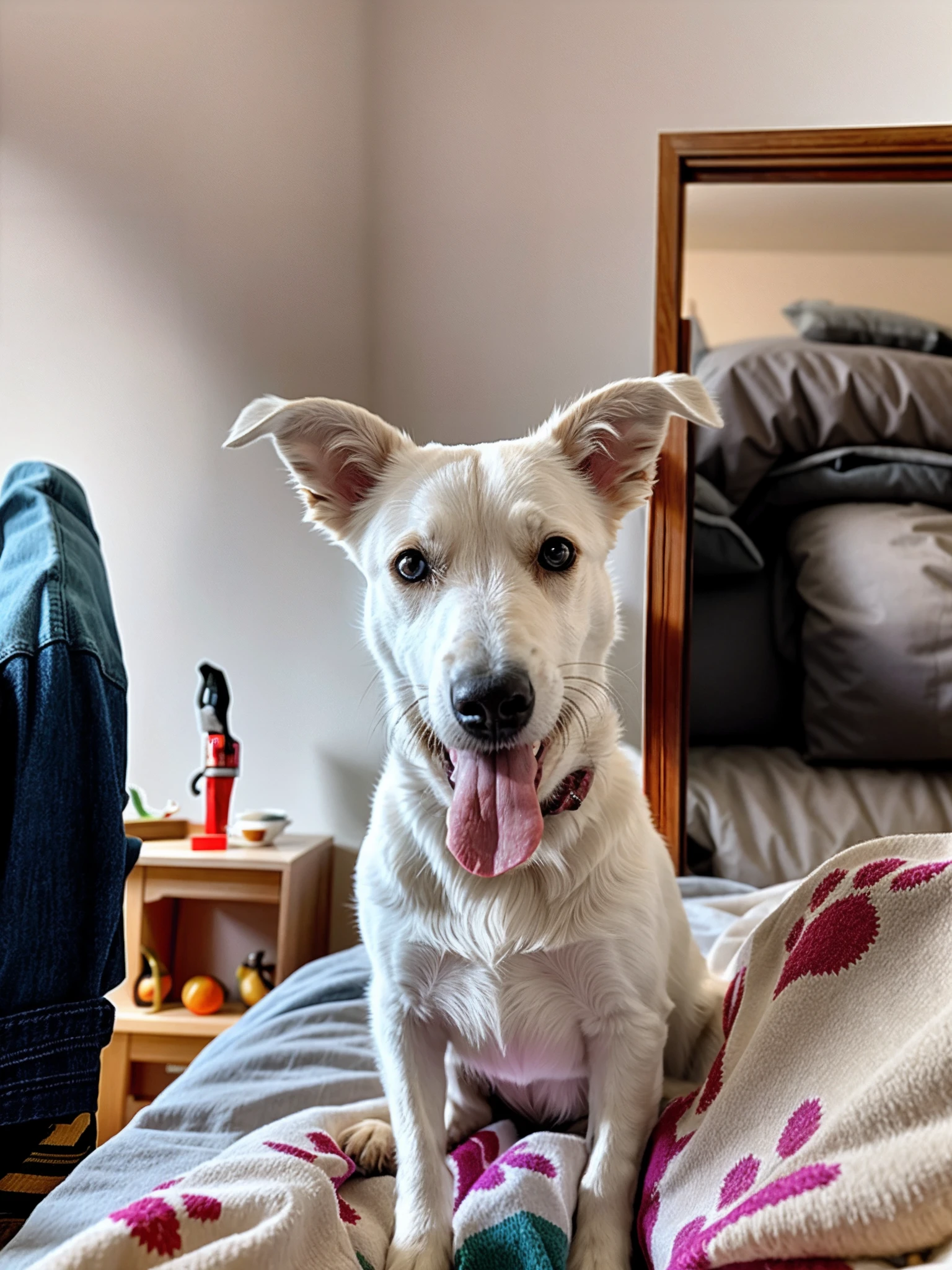 There is a white dog sitting on a bed with a blanket, Pose frontal, peludo bonito precisa de sua ajuda, happily smiling at the camera, Jack Russel Terrier surpreendido, staring directly at camera, 2 5 I, front facing the camera, 1 8 I, Jack Russel Terrier, aw, young handsome pale roma, imagem frontal, mateus 9 5, 20 anos