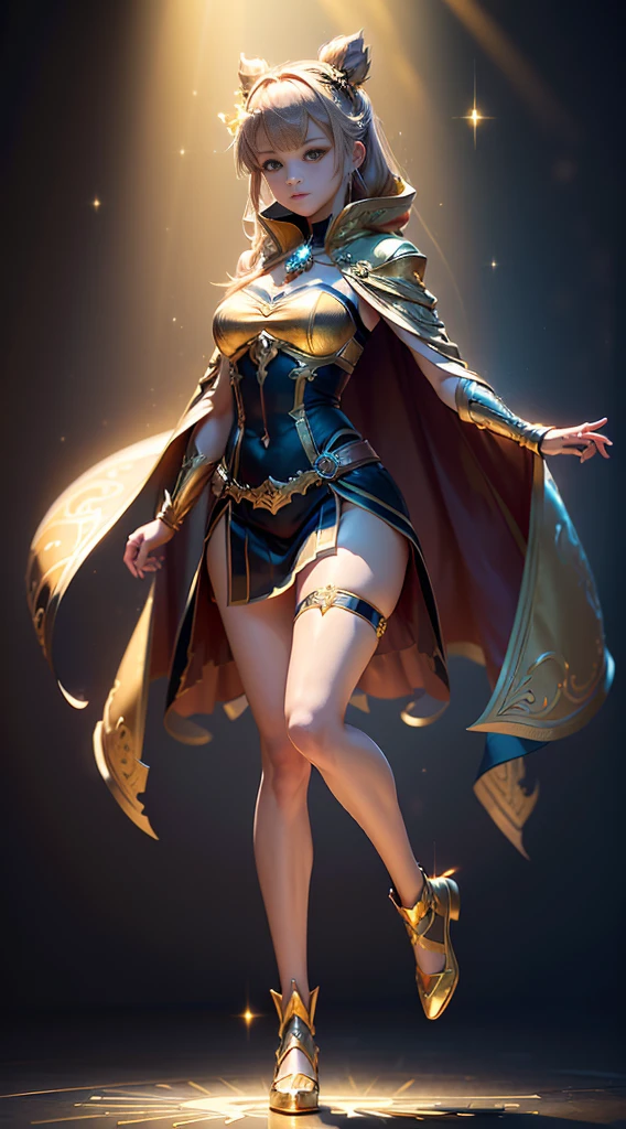 (Dynamic angle:1.4), ((Full body posing:1.5), (colorful:1.2), (extremely detailed CG unity 16k wallpaper:1.1), (Denoising strength: 1.45), (tmasterpiece:1.37), ((official art)), (colorful:1.2), 1girl, mace, solo, shirogane noel, virtual youtuber, blue eyes, facing viewer, chest belt, (braid:0.8), bangs, waist cape, blush, skirt, tiara, clothing cutout, gold trim, golden silk, gold theme, Glowing ambiance, god rays, sparkle, glowing light, ((masterpiece)), ((best quality)), masterpiece, best quality, highres, UHD, award winning