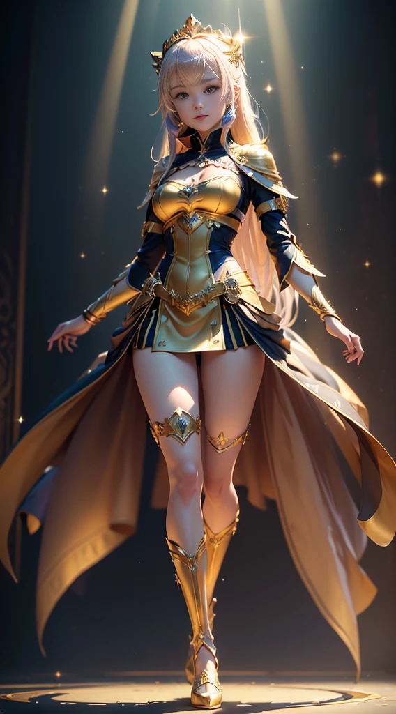 (Dynamic angle:1.4), ((Full body posing:1.5), (colorful:1.2), (extremely detailed CG unity 16k wallpaper:1.1), (Denoising strength: 1.45), (tmasterpiece:1.37), ((official art)), (colorful:1.2), 1girl, mace, solo, shirogane noel, virtual youtuber, blue eyes, facing viewer, chest belt, (braid:0.8), bangs, waist cape, blush, skirt, tiara, clothing cutout, gold trim, golden silk, gold theme, Glowing ambiance, god rays, sparkle, glowing light, ((masterpiece)), ((best quality)), masterpiece, best quality, highres, UHD, award winning