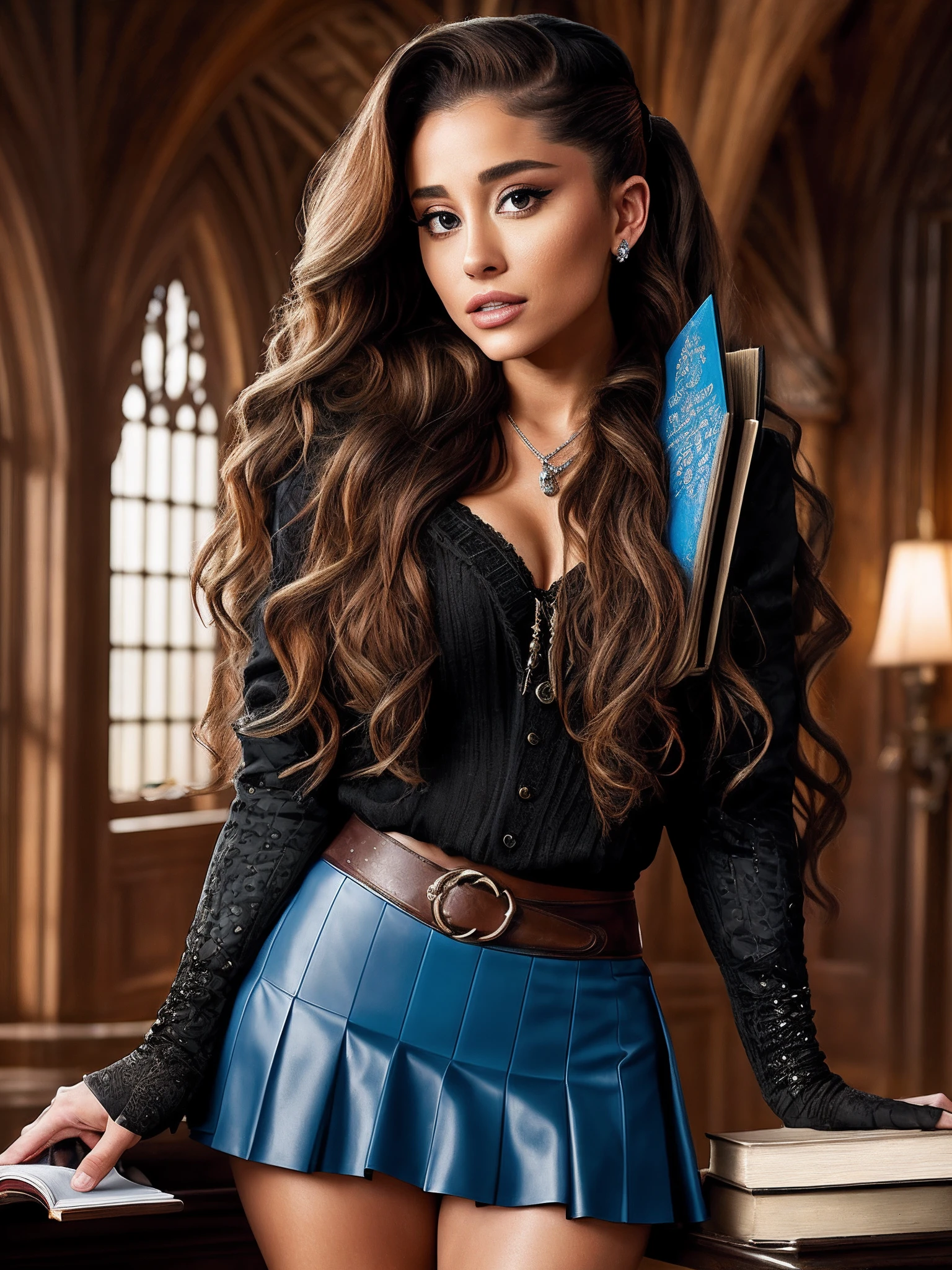 Ariana Grande, wavy hair, detailed alluring eyes, sexy legs, wearing blue mantle, mini skirt, gaiters, holding books, seductive, shapely, Hogwarts, best quality masterpiece, photorealistic, detailed, 8k, HDR, shallow depth of field, broad light, high contrast, backlighting, bloom, light sparkles, chromatic aberration, sharp focus, RAW color photo