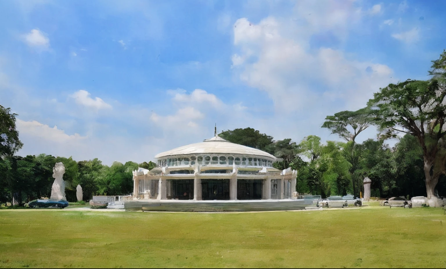 The Alafard Pavilion is in a park with lots of trees and cars, Pavilion, exterior botanical garden, Ground view, up front view, rotunda, planties, full - view, planties, khedival opera house, sangyeob park, allure, up front view, seen from outside, ground-level view, ground - level view