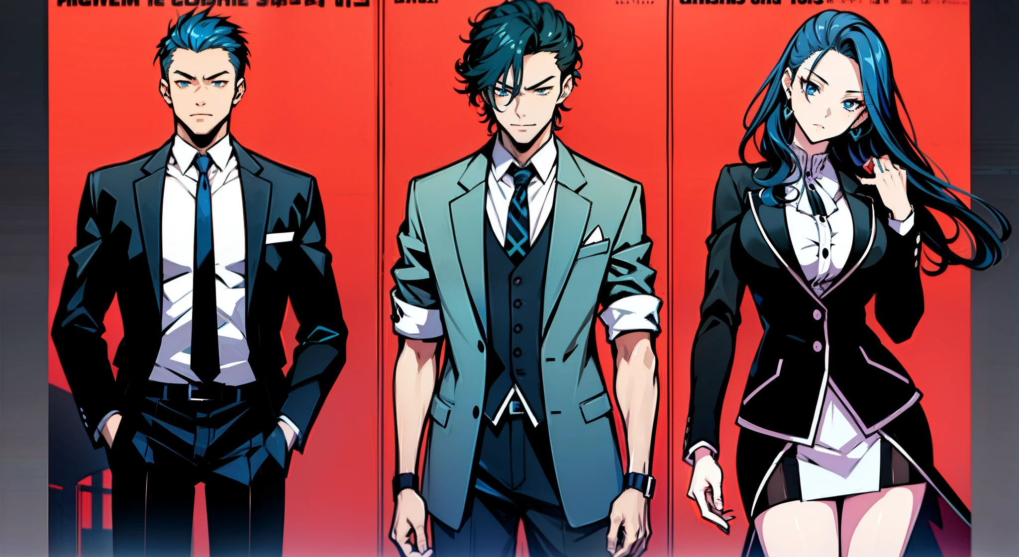 (3 people) Anime poster of the three, Art Cover Illustration, romance novel cover, Casual Man, prankster, Blue-haired, 韓国アイドル, Young idols, goodlooking, prety, Girl in a dress, man in suit, normal legs, Normal hands, action. Make the middle man younger and cuter, Simple background. Woman in casual dress.