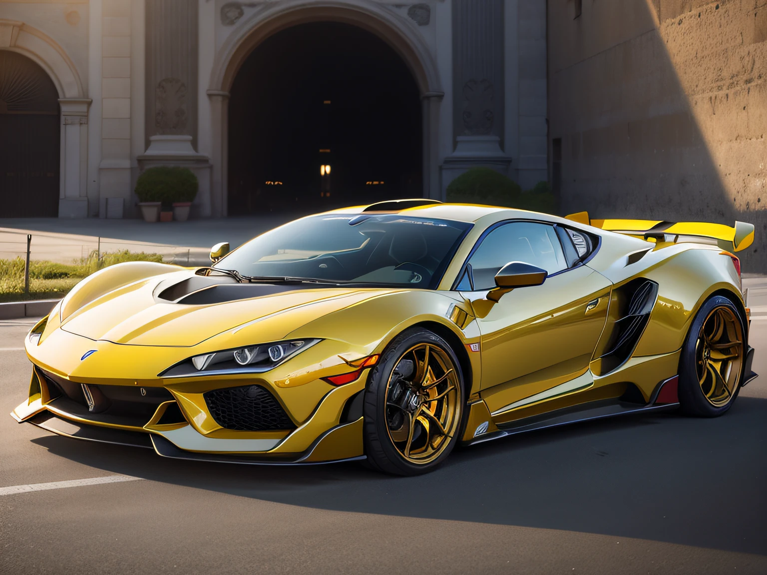 Yellow car parked with morning sun background, very beautif, from side view, side perspective, italian masterpiece, giorgetto giugiaro, Lancha Delta Project Car, Looking from the side!, a wide full shot, masterpiece work of art, Ziala, Hyper Realistic Wing, Wide Body, side profile artwork,metal, Mechanically