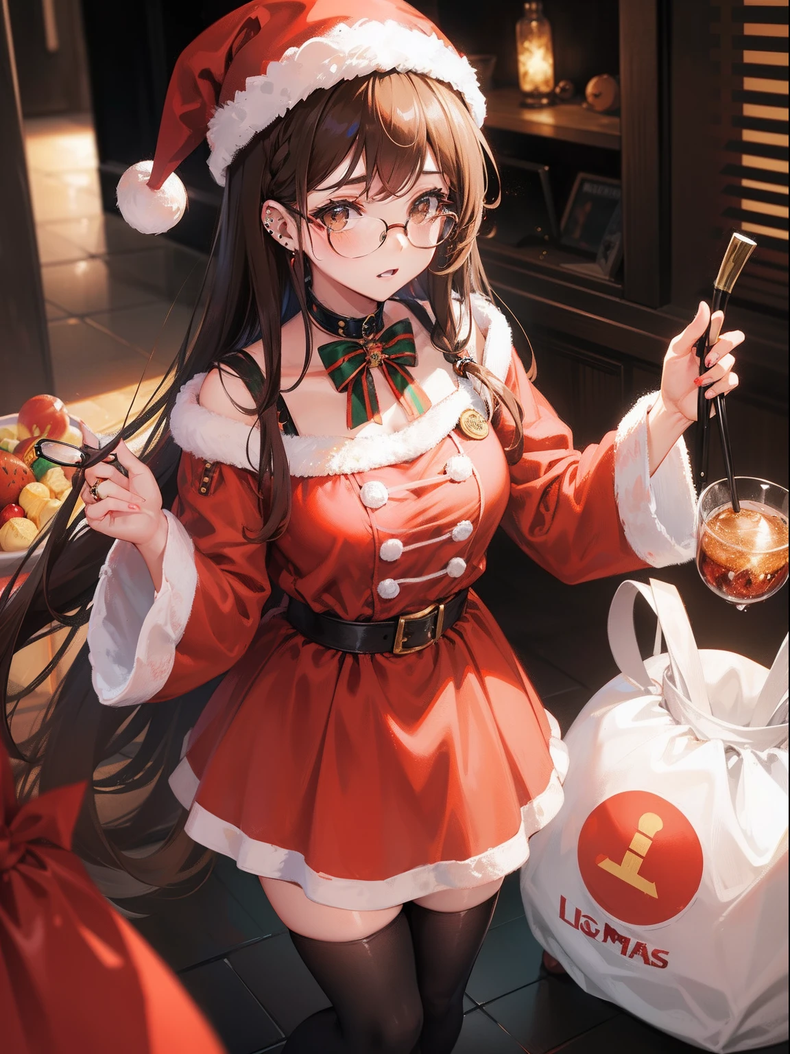 1人の女性、brown haired(Curta)、Brown eyes、Black-rimmed glasses、Ring piercing of the earlobe、Seductive、Santa Claus Dress