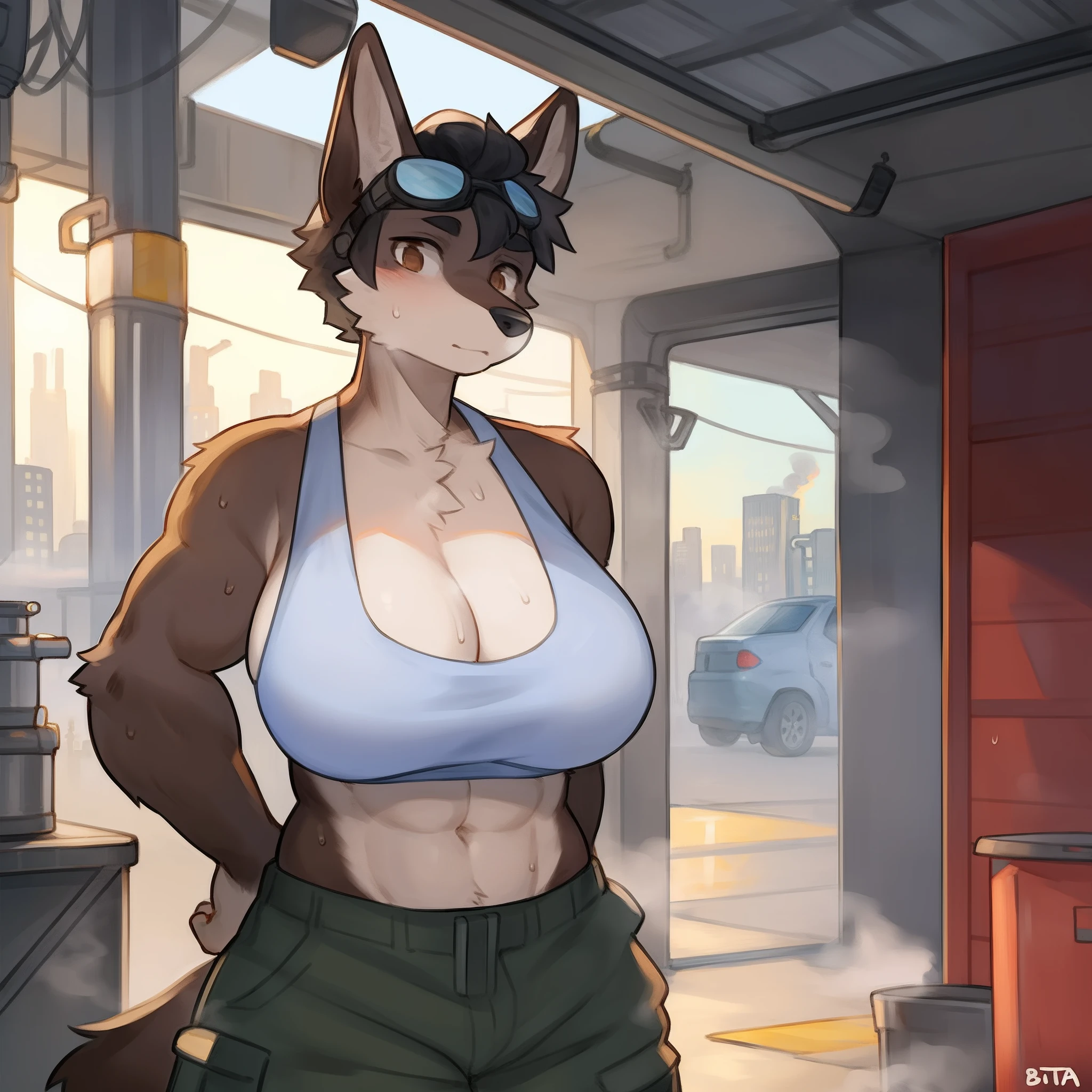solo, female, standing, canine, fur body, black hair, pompadour, pompadour haircut,  black nose, tall ears, snout, brown eyes, detailed eyes, detailed hands, muscular, big breasts, large biceps, white tank top, cleavage, abs, sweat, steam, baggy cargo pants, goggles, garage, open garage door, city, smog, smoggy, smoky, hazy, factories, smokestacks, by glitter trap boy, by buta99, by bebebebebe, by chelodoy